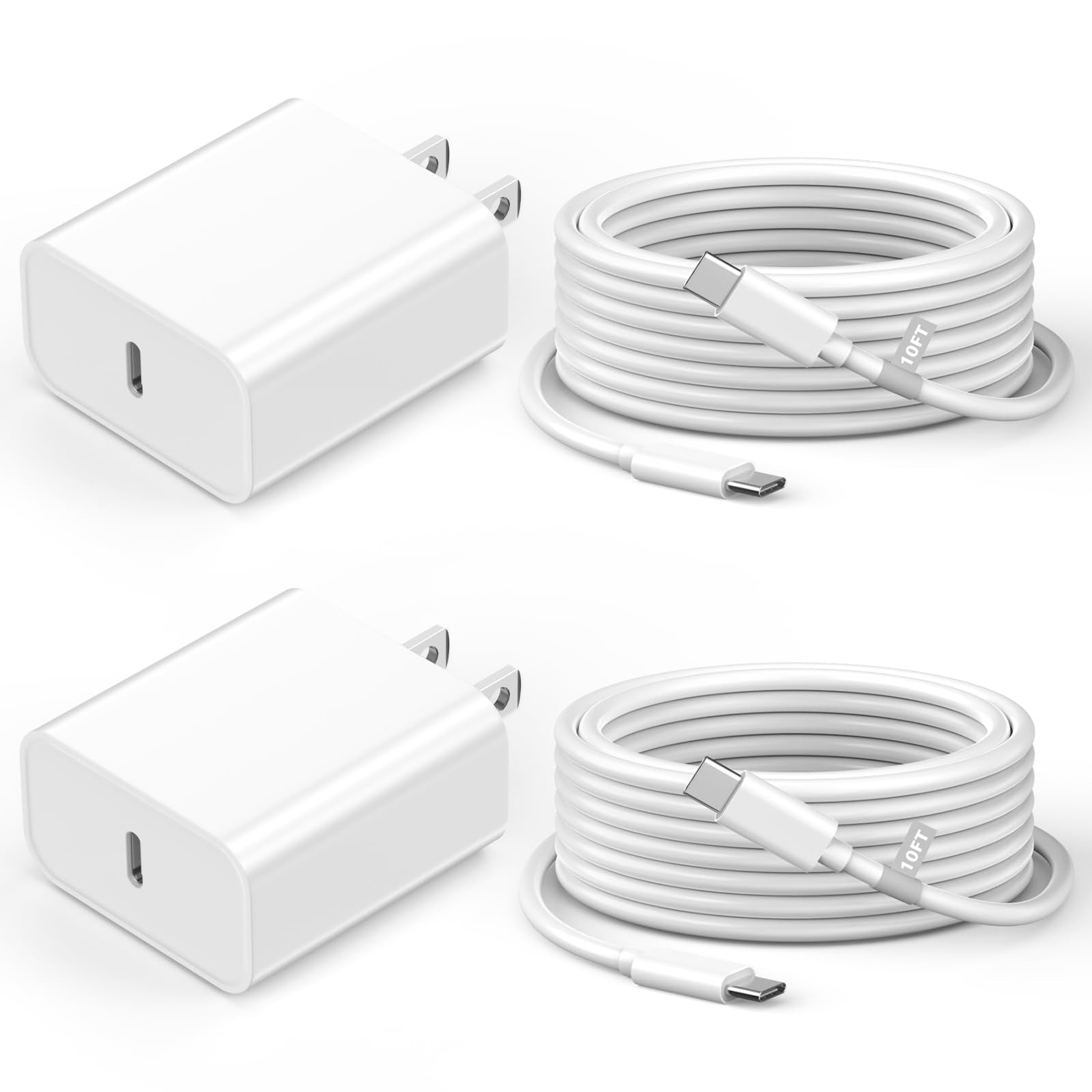 Iphone 16 15 Pro Max Charger Fast Charging, 2 Pack 20W Usb C Fast Charger Block With 10Ft Long Usb C To C Charging Cable Compati