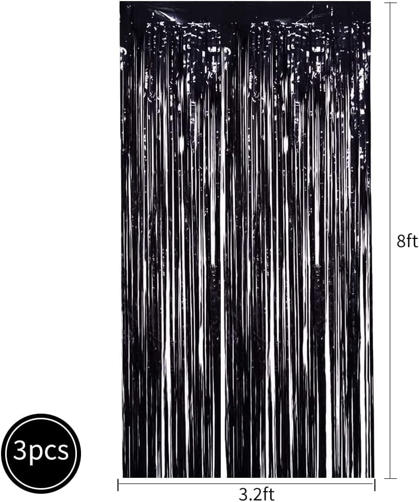 Toniful 3Pcs Black Door Streamers,Black Photo Booth Backdrop Metallic Streamers Black Foil Fringe Curtains For Birthday,Christma