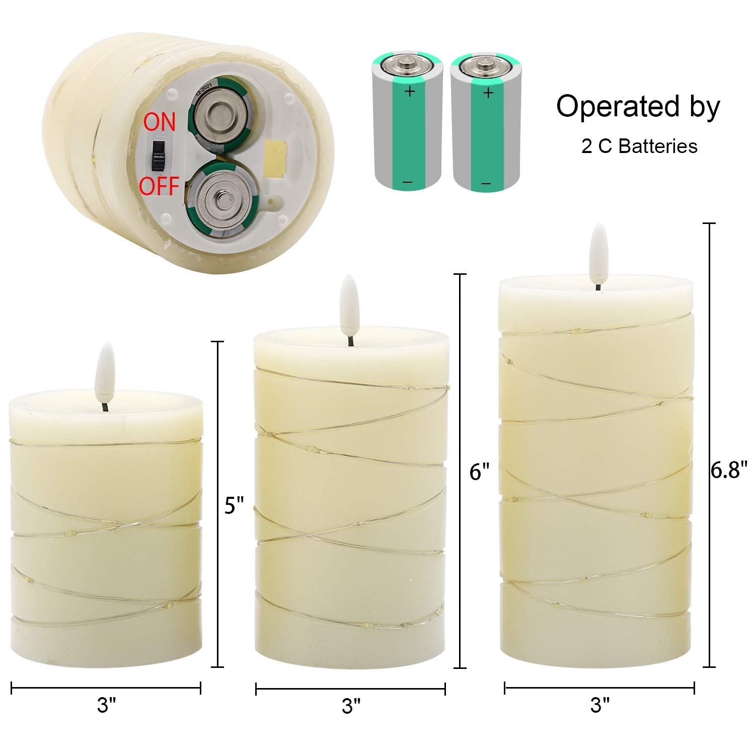 Dromance Flameless Flickering Candles String Light With Remote Timer Set Of 3 Battery Operated Led Pillar Candles Real Wax 3D Wi