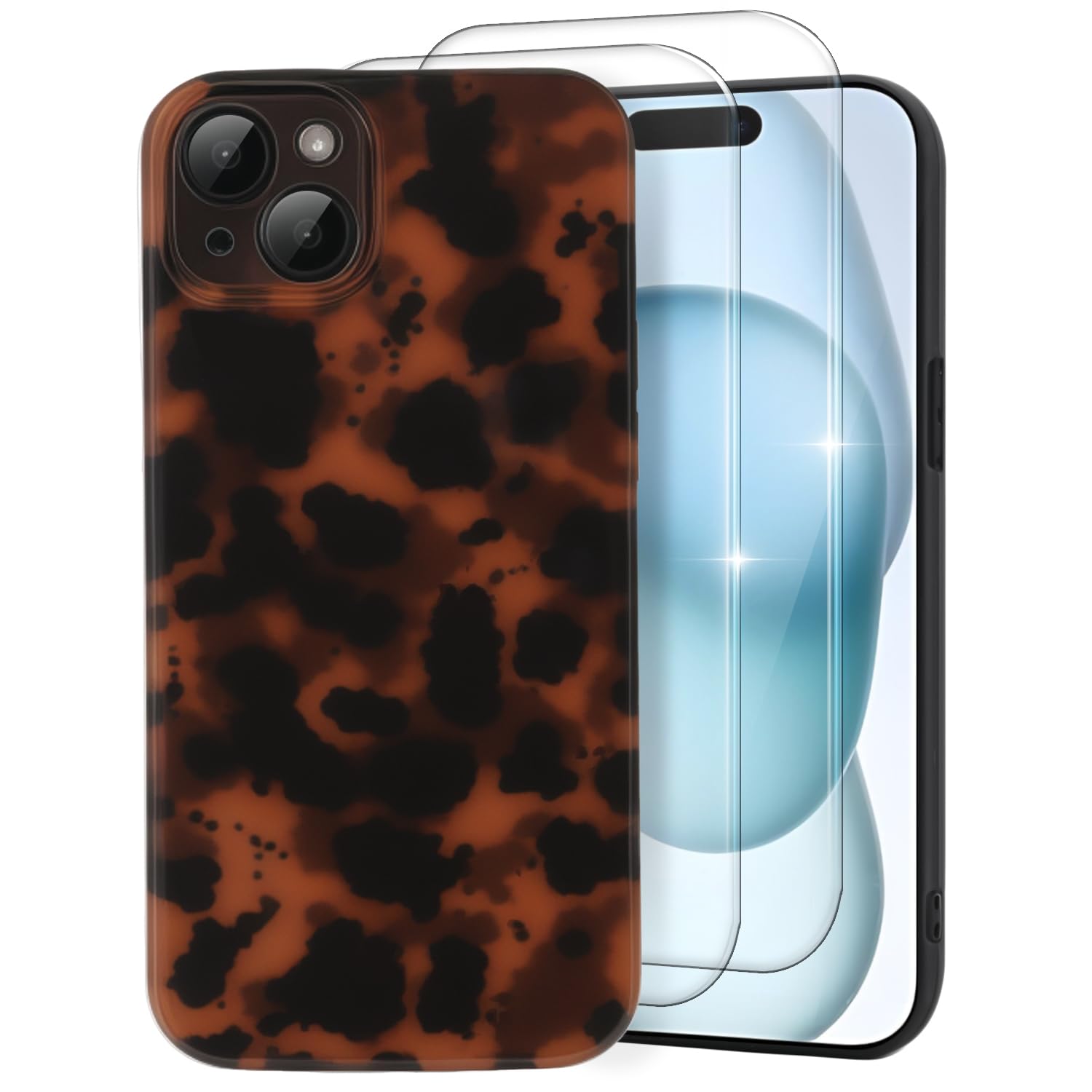 MYY Cute Phone Case for iPhone 15 Plus Case, [with 2X Screen Protector] Tortoise Shell Pattern Leopard Full Camera Protective Sl
