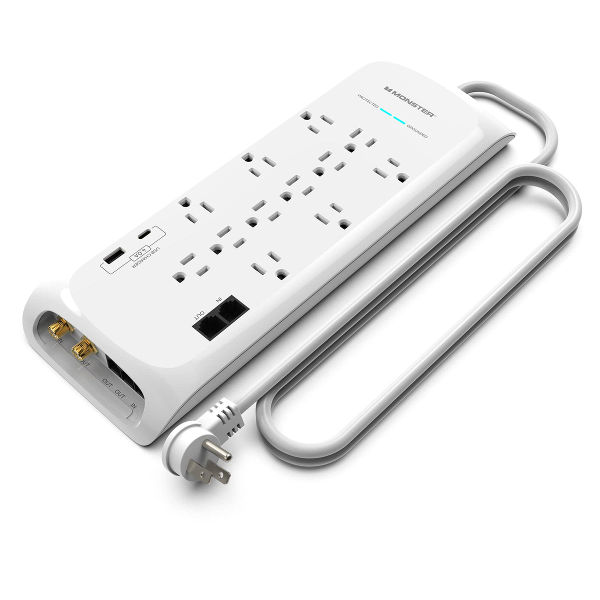 Monster 6Ft White Power Strip And Tower Surge Protector, Heavy Duty Protection With 4050 Joule Rating, 12 120V-Outlets, 1 Usb-A,