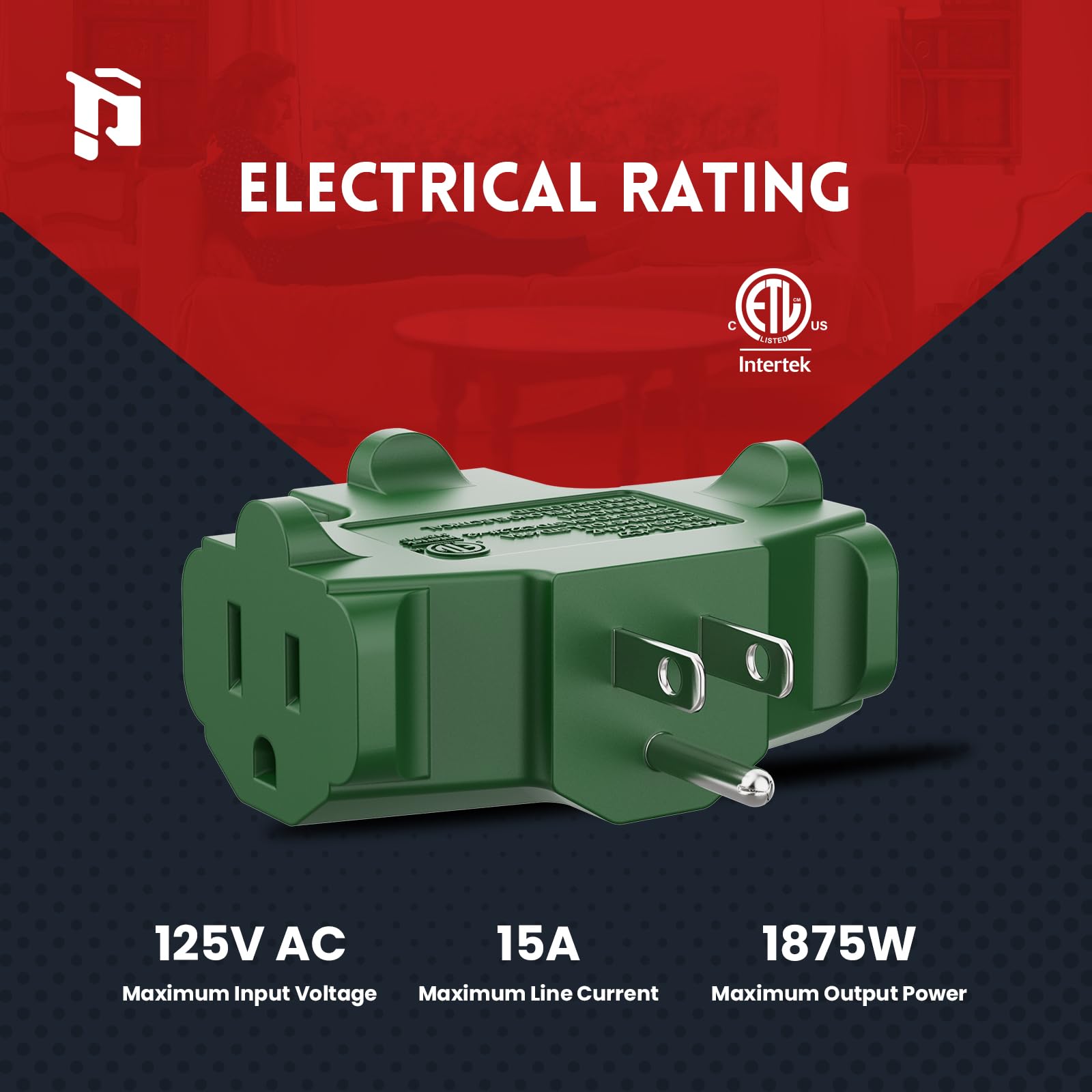 Plugtul 3 Way Plug Adapter, 3 Plug Wall Adapter, 3 Prong, Grounded, 15A, 1875W, Multiple Plug Expander For Home, Outdoor, Etl Li
