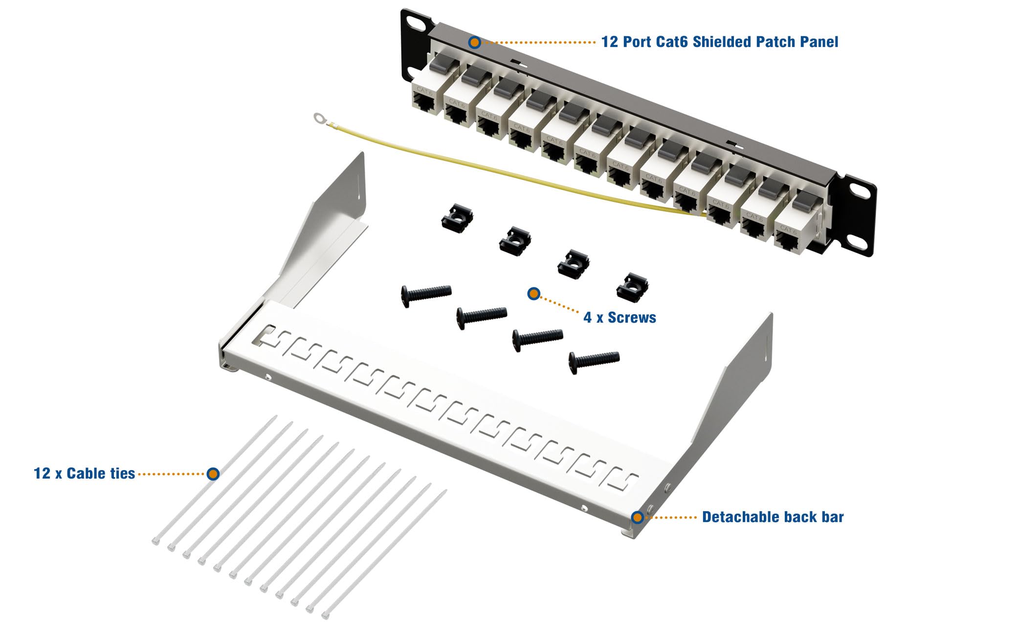 Iwillink 10Gbps Patch Panel 12 Port, Rj45 Through Coupler Cat6 Patch Panel Stp Shielded With Back Bar, 19'' Wallmount Or Rackmou