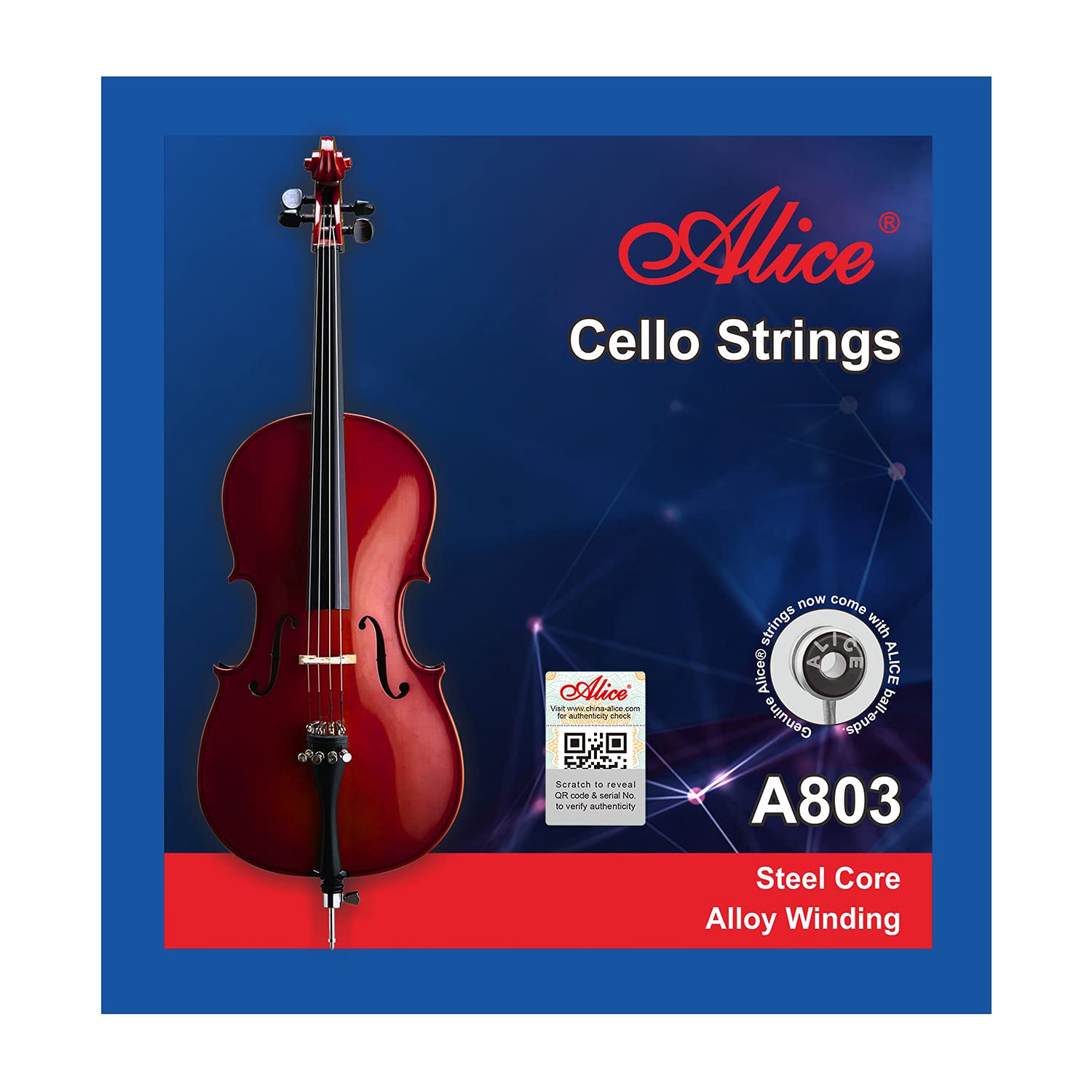 Alice Cello Strings 4/4 Full Set   Well Balanced & Deep Forceful Timbre, Steel Core With Alloy Winding, Full Set Of Cello String