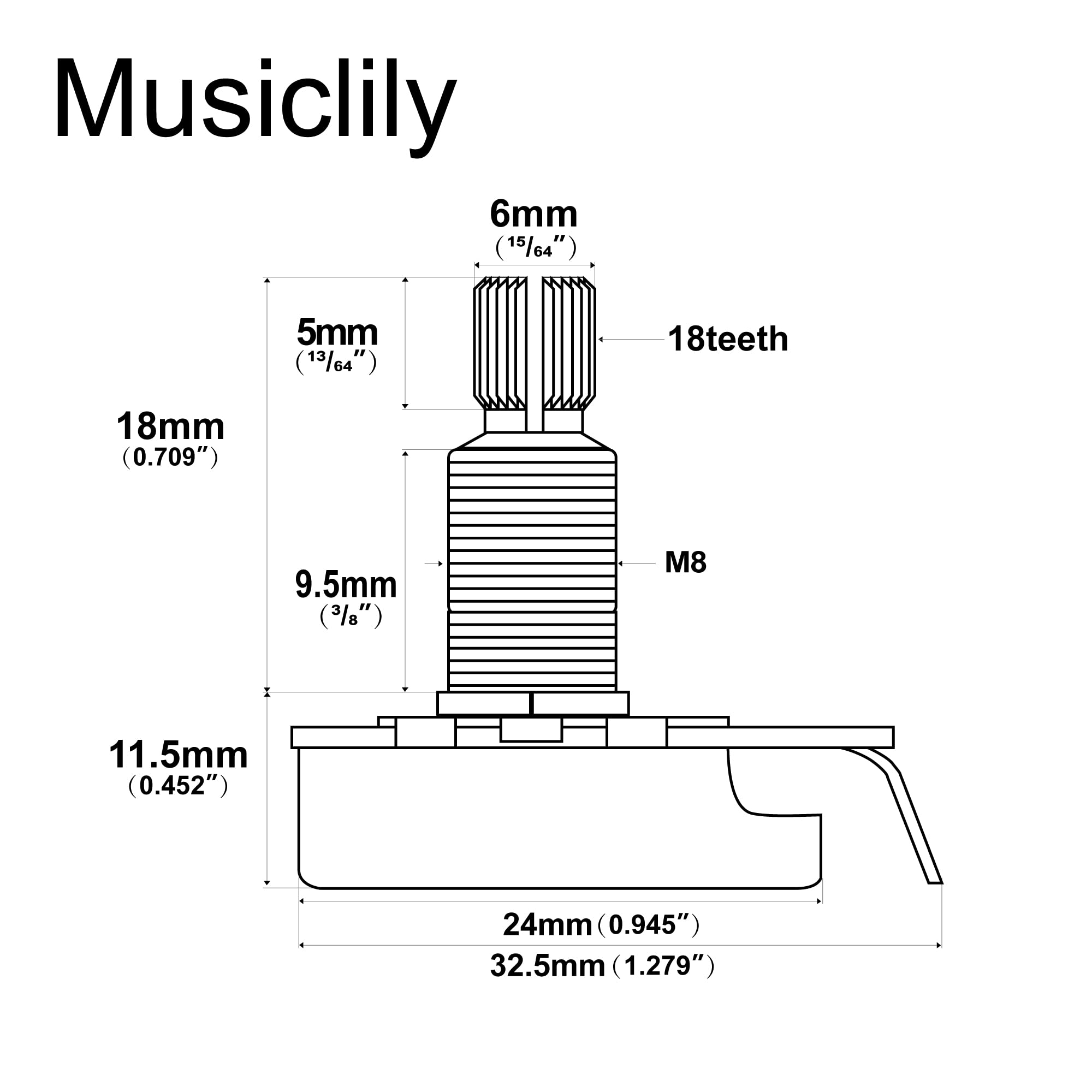 Musiclily Pro Brass Shaft Full Metric Size A500K Guitar Pots Audio Taper Potentiometers For Electric Guitar/Bass (Set Of 4)