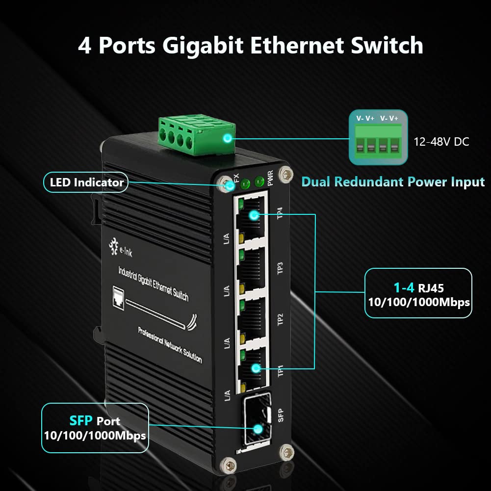 Mini Industrial 4 Port 10/100/1000Mbps Gigabit Ethernet Switch With Sfp Din Rail/Wall Mount 10/100/1000Base T Rj45 + 1 100/1000F