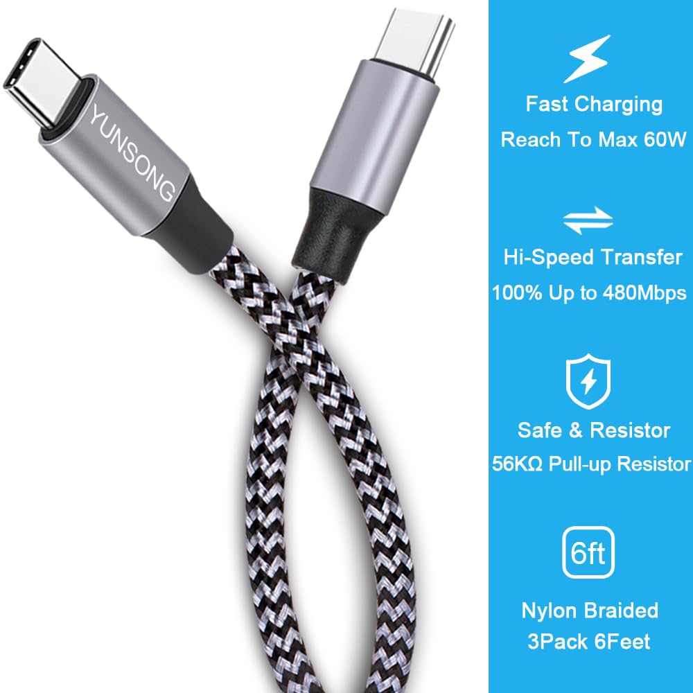 Yunsong Usb C Charger Cable, New Nylon Braided Usb C To Usb C Cable 3Pack 6Ft Type C Pd 60W Fast Charging For Iphone 15/15 Pro/1