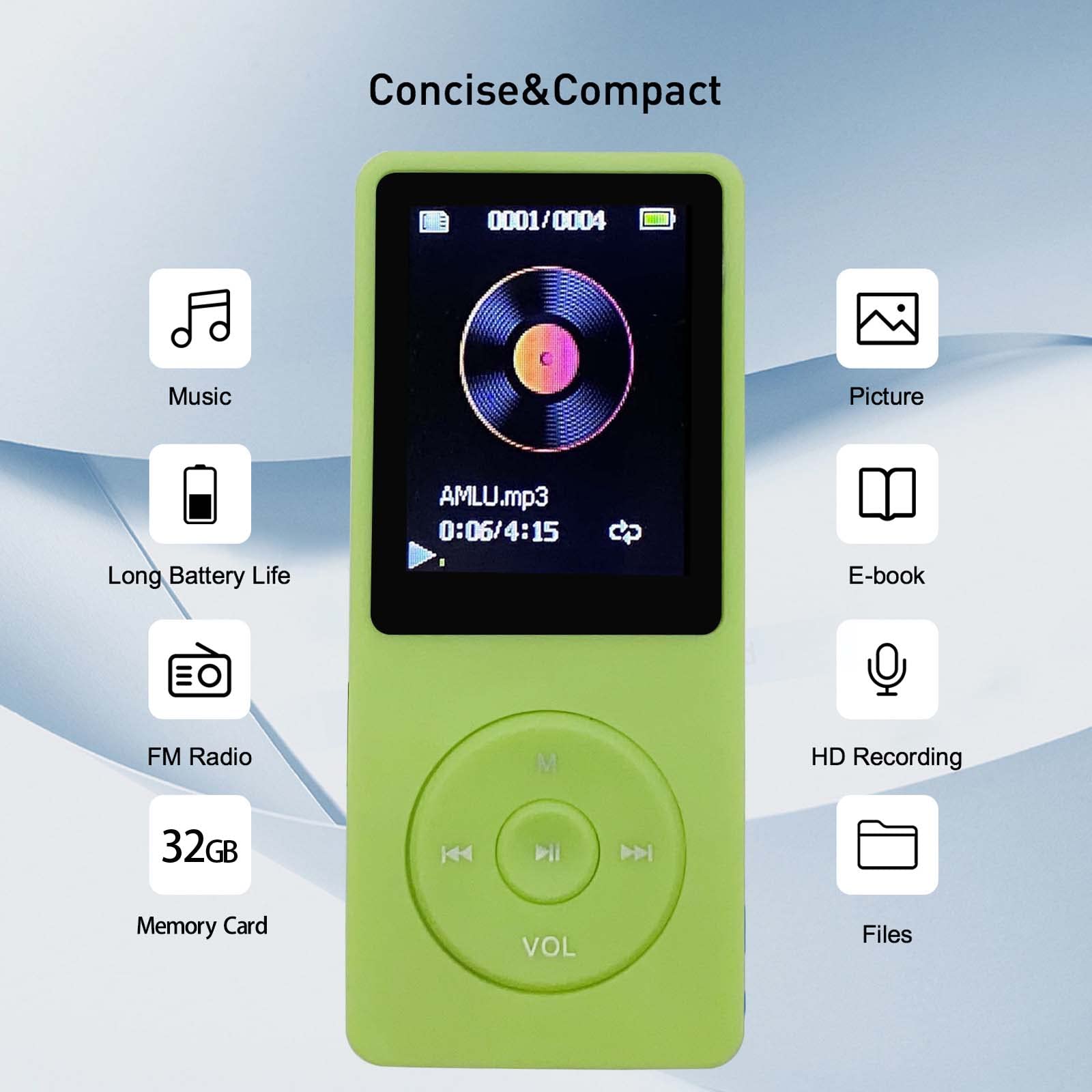 Mp3 Player 32Gb With Speaker Earphone Portable Mini Green Music Player Support Voice Recorder E Book 1.8 Inch Hd Screen Support