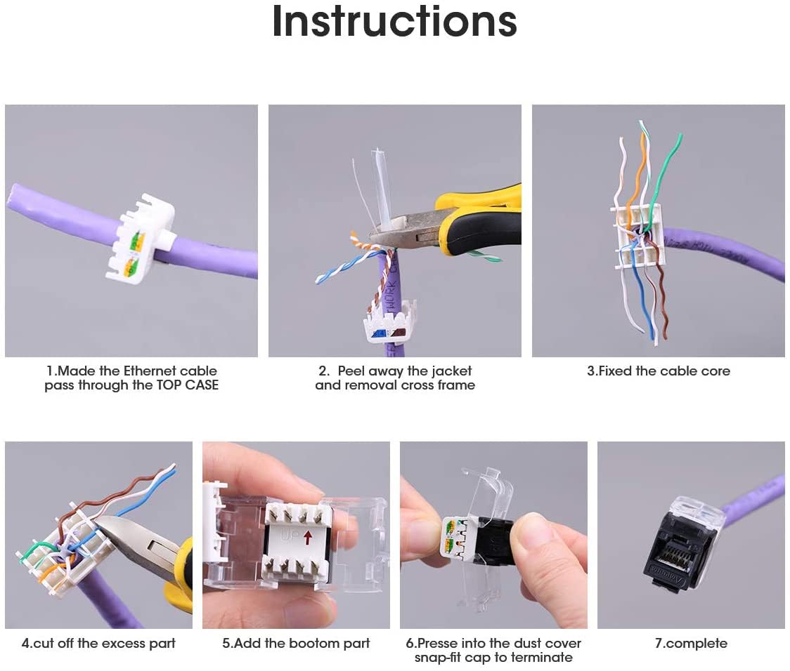 Ampcom Cat6 Keystone Jack Tool Less Rj45 Utp, No Punch Down Tool Required Module Coupler 12 Pack Black