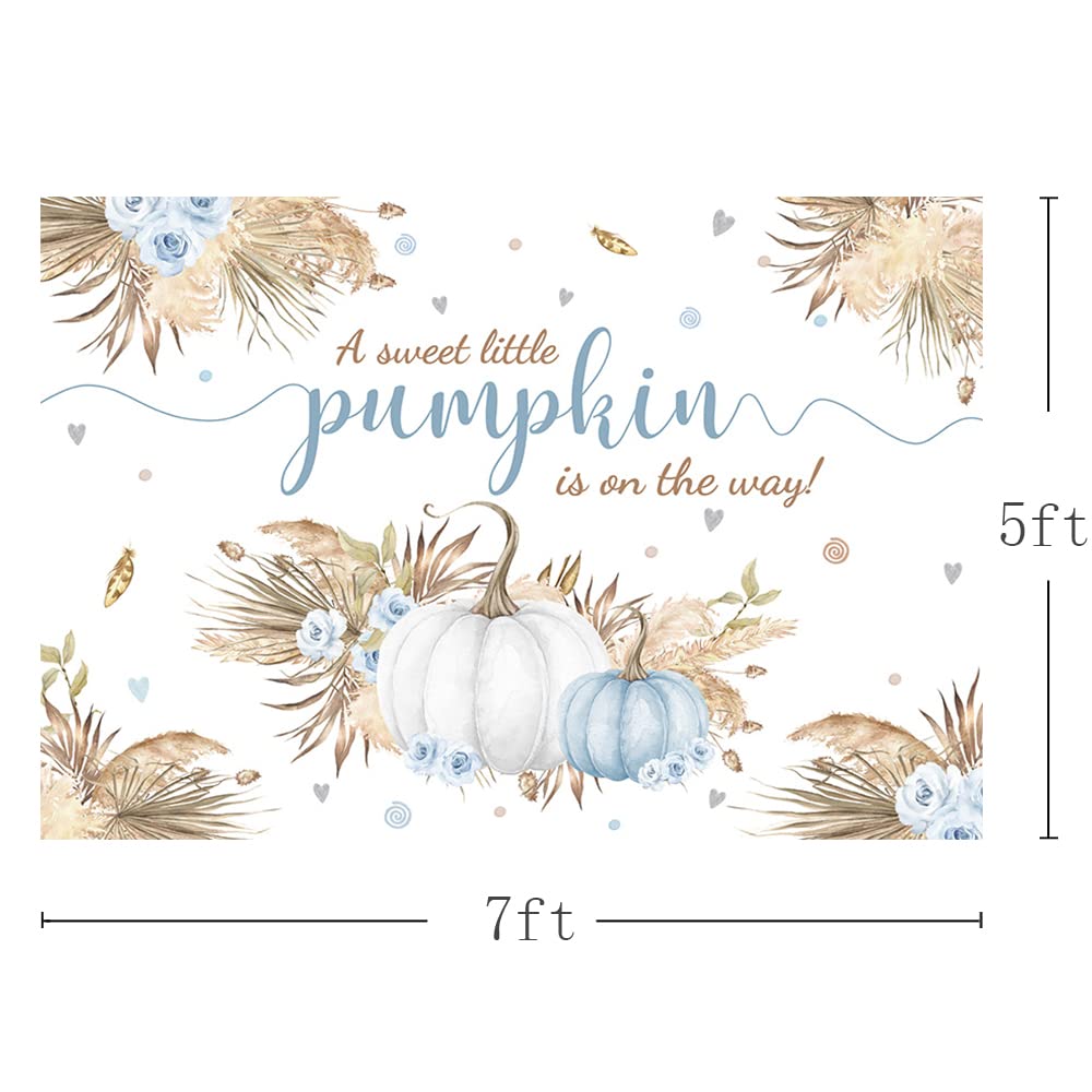 Mehofond 7X5Ft Autumn Boho Little Pumpkin Backdrop For Boy Baby Shower Fall Leaves Pampas Grass Thanksgiving Blue White Floral B