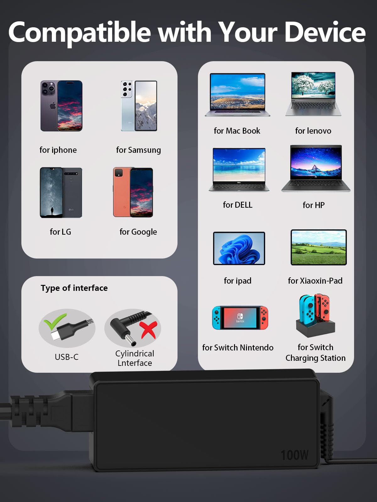 100W 90W Usb C Laptop Charger, Universal Power Cord For Macbook Asus Lenovo Hp Dell Samsung Galaxy Acer Chromebooks Surface Lapt