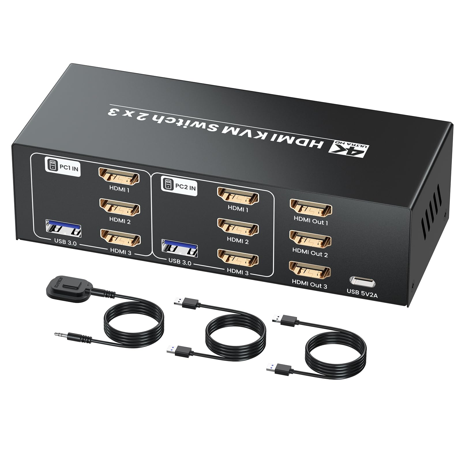 4K/60Hz Hdmi Kvm Switch 2 Computers 3 Monitors, 2 Port Hdmi Kvm Switcher 2 In 3 Out For 2 Pc Share 3 Monitors And 4 Usb 3.0 Port