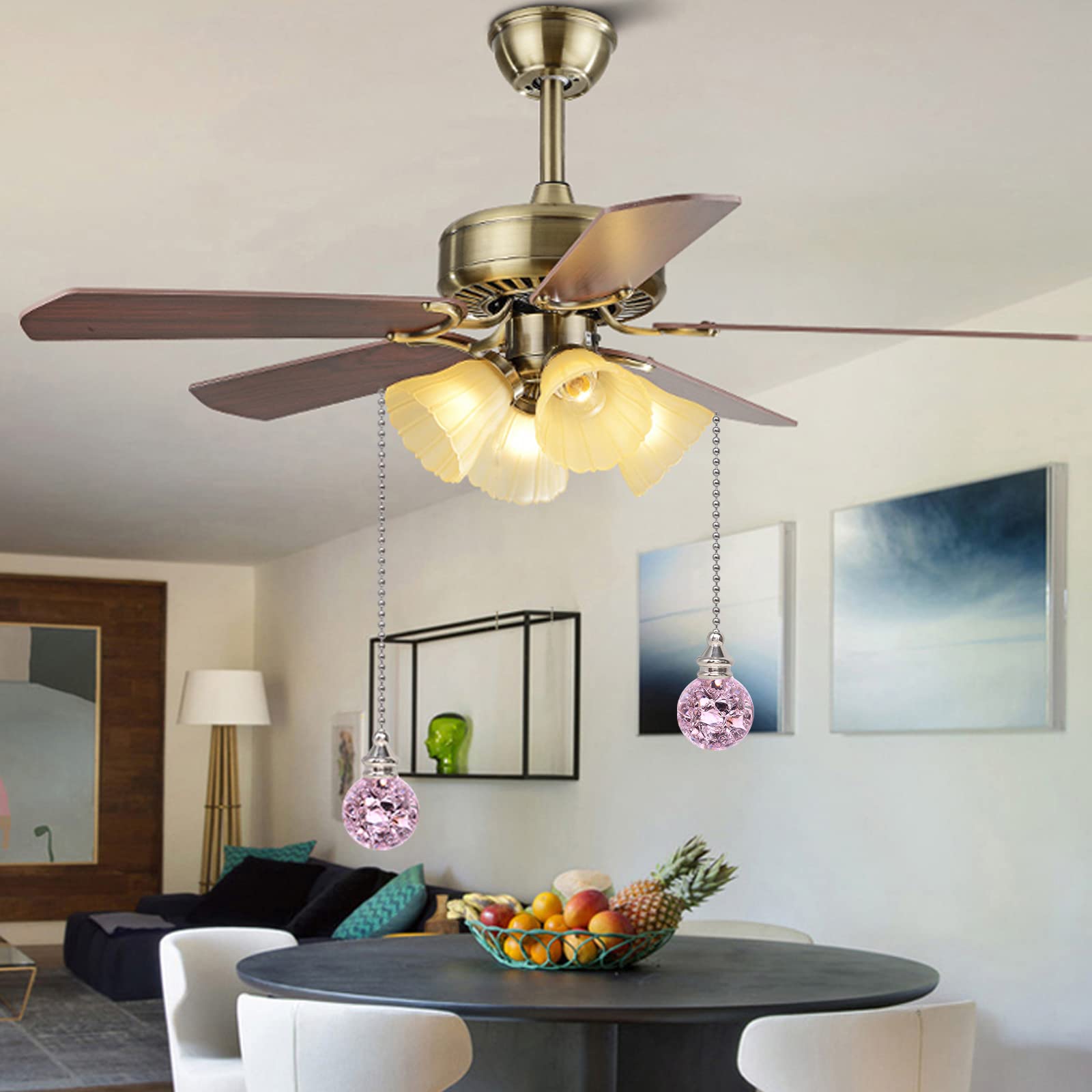 2Pcs Pink Pull Chain Crystal Glass Ice Cracked Ball Pull Chain For Ceiling Fan Light Decoration 50Cm Extension Chain