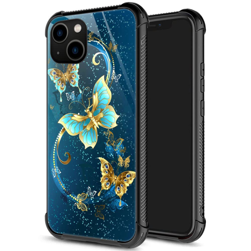 Iphone 13 Case, Emerald Butterfly Iphone 13 Cases For Women Girls, Pattern Design Shockproof Anti Scratch Organic Glass Case For