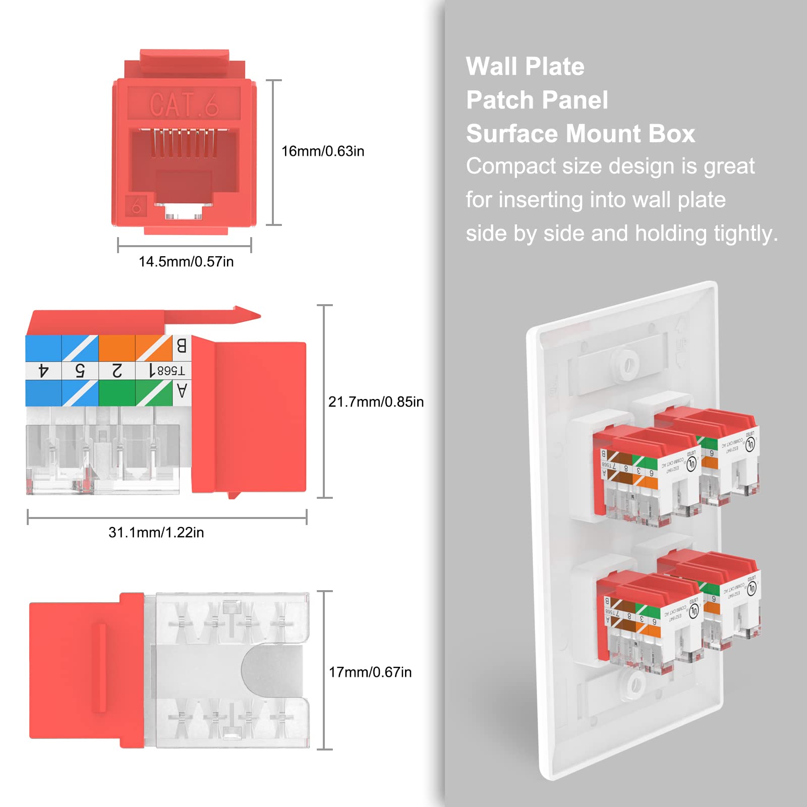 Vcelink Rj45 Cat6 Keystone Jacks Slim Profile Ul Listed 10 Pack, 90 Degree Ethernet Punch Down Keystone Jack Adapter In Red