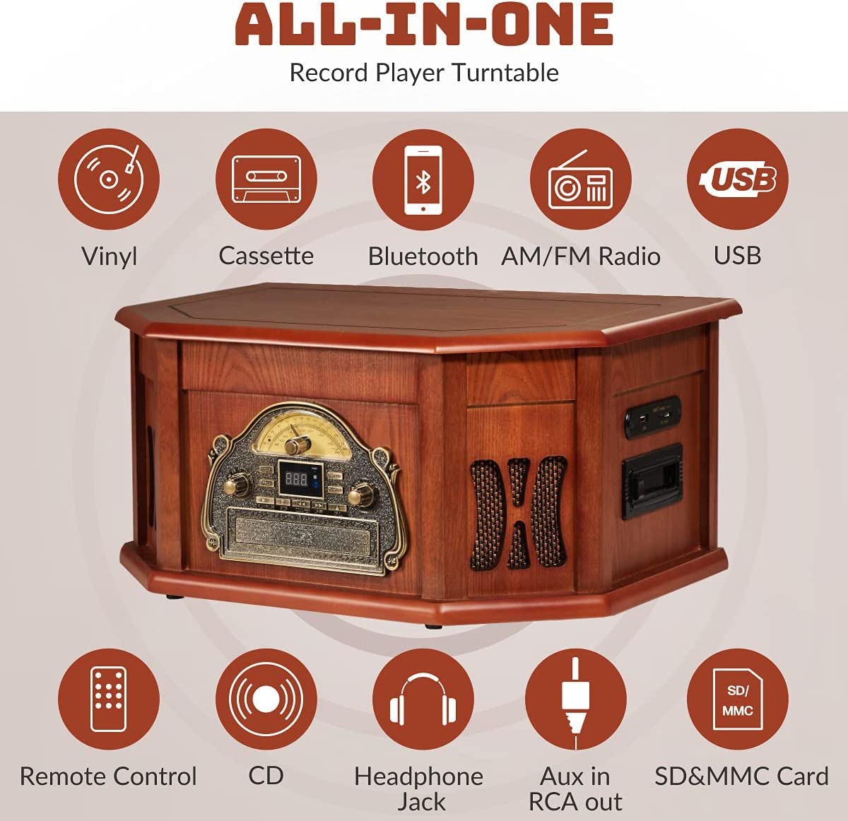 Orcc 10 In 1 Record Player, Nostalgic Turntable For Vinyl Record With Bluetooth, 2 Built In Speakers, Cd, Cassette, Am/Fm Radio,