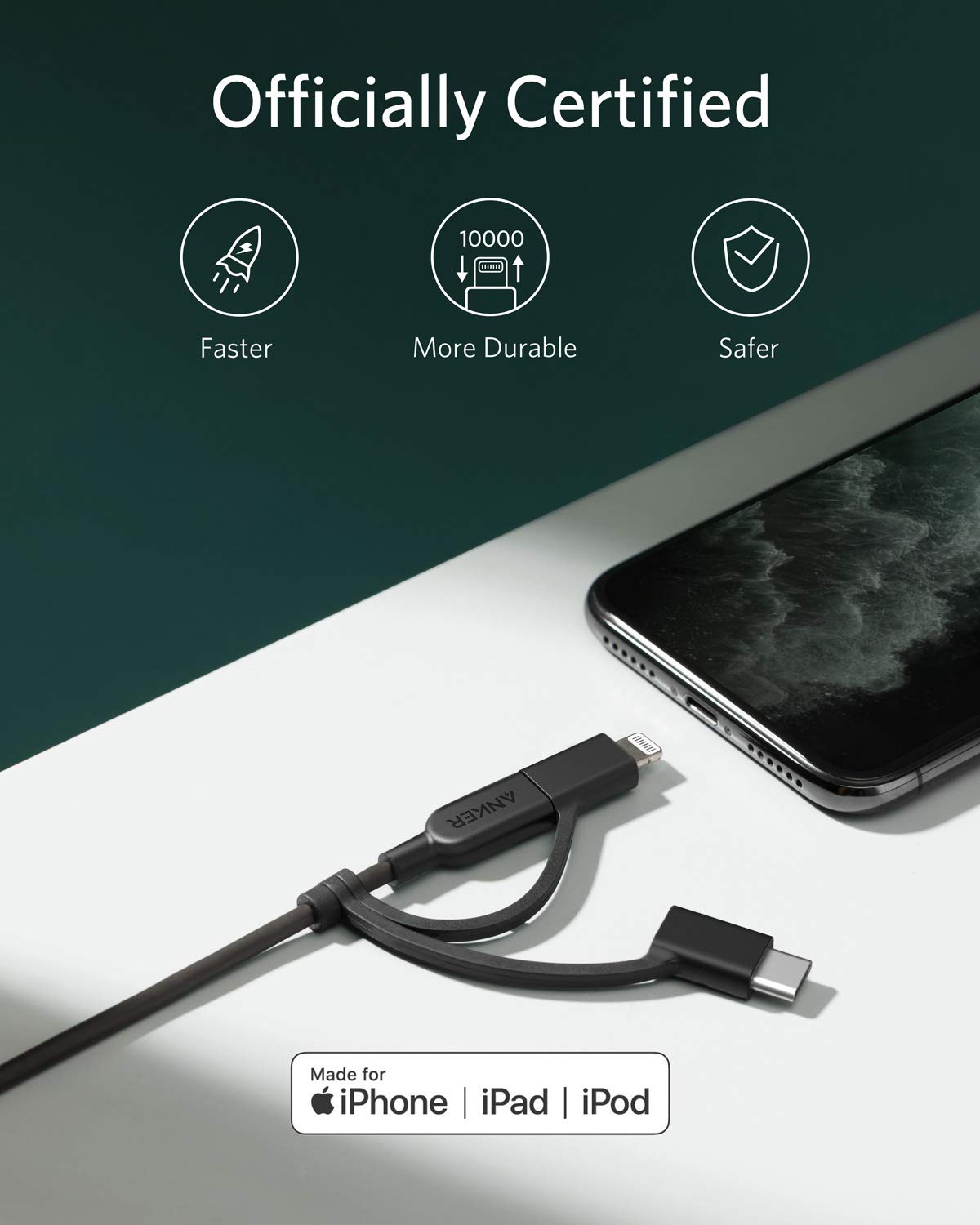Anker Powerline Ii 3 In 1 Cable, Lightning/Type C/Micro Usb Cable For Iphone, Ipad, Huawei, Htc, Lg, Samsung Galaxy, Sony Xperia
