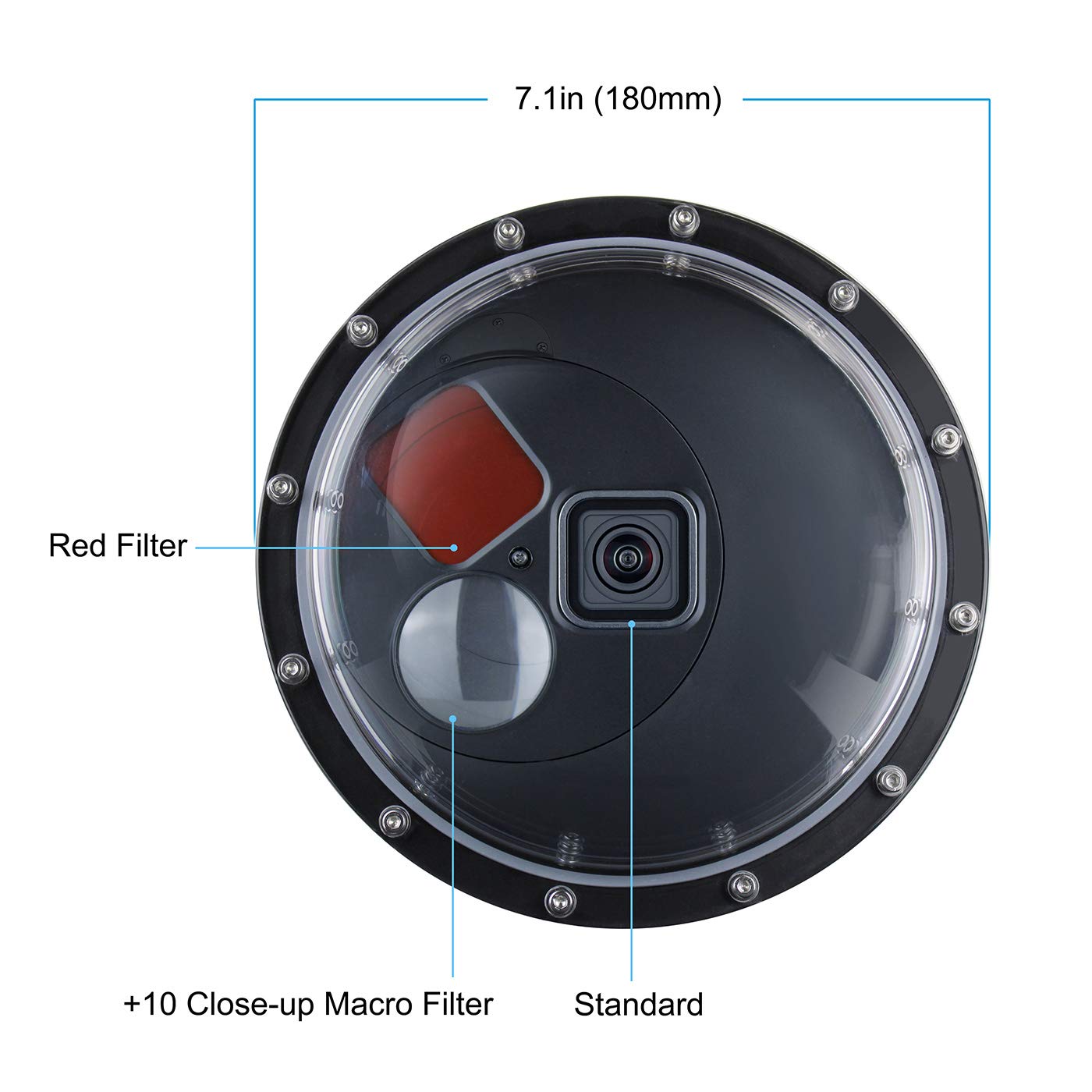 Soonsun Dome Port For Gopro Hero 12 / Hero 11 / Hero 10 / Hero 9 Black, Built-In Red 10X Magnification Close-Up Filter Underwate