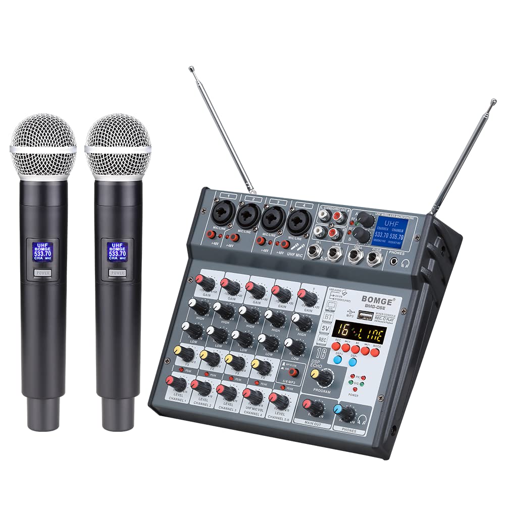 Bomge 6 Channel Audio Dj Console Mixer Soundcard With 2 Wireless Microphoneh,Mp3,Usb Bluetooth, 48V Phantom For Home Studio Reco