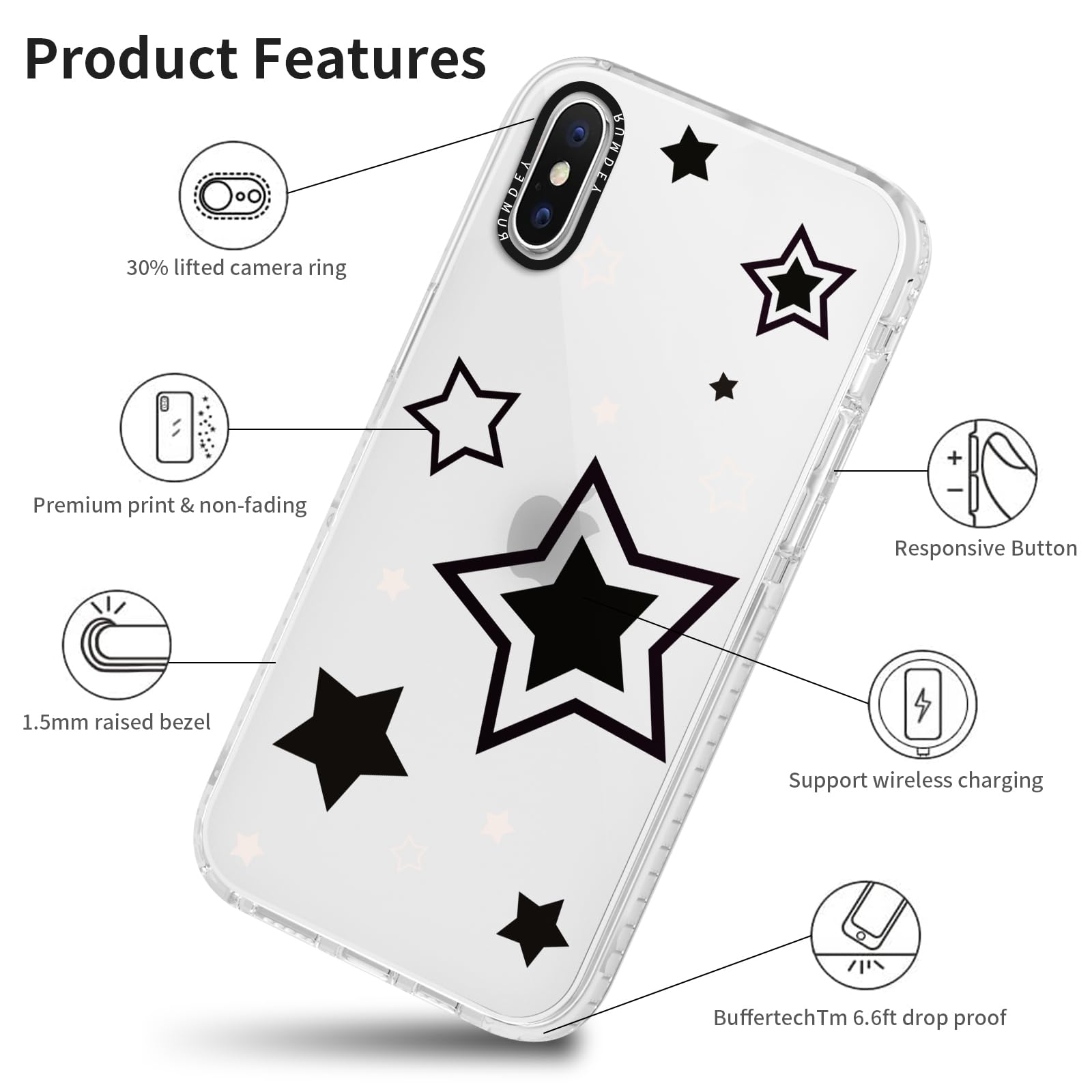 Rumdey 2 Pack Cute Stars Phone Case For Apple Iphone X/Xs 5.8 Inches, Soft Slim Fashion Protective Phone Cover For Women Girly,