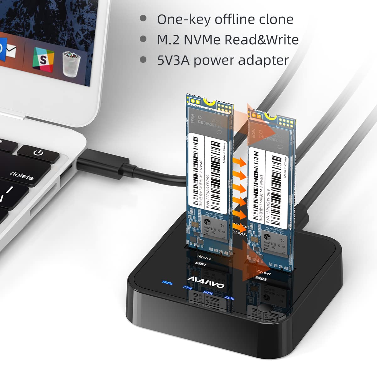 Maiwo K3016P M.2 Nvme Duplicator 2 Bay Offline Clone Docking Station, Hard Drive Duplicator For Nvme M.2 Ssd M Key And M&B Key, Support One Key System Disk Copy Function