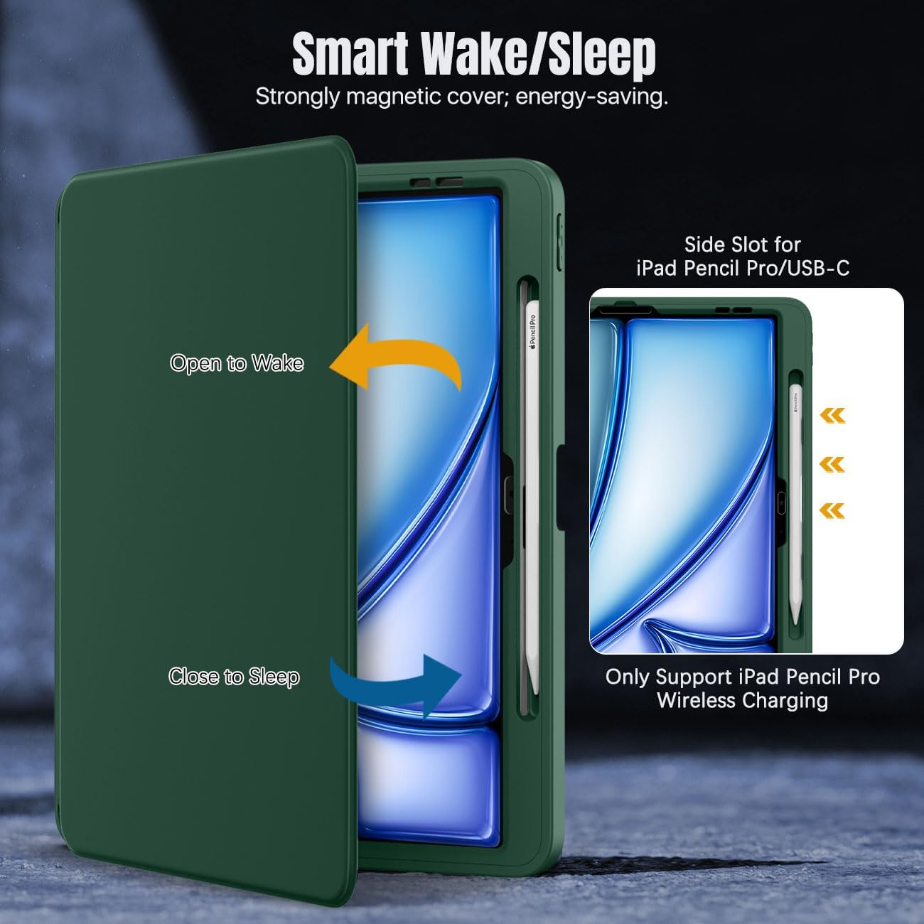 MoKo for iPad Air 13 Inch Case M2 2024 with Pencil Holder, iPad Air 13 Case, [Built in Screen Protector], iPad Air 13' Case with Clear Back & Magnetic Multi Angle Stand Cover, Midnight Green