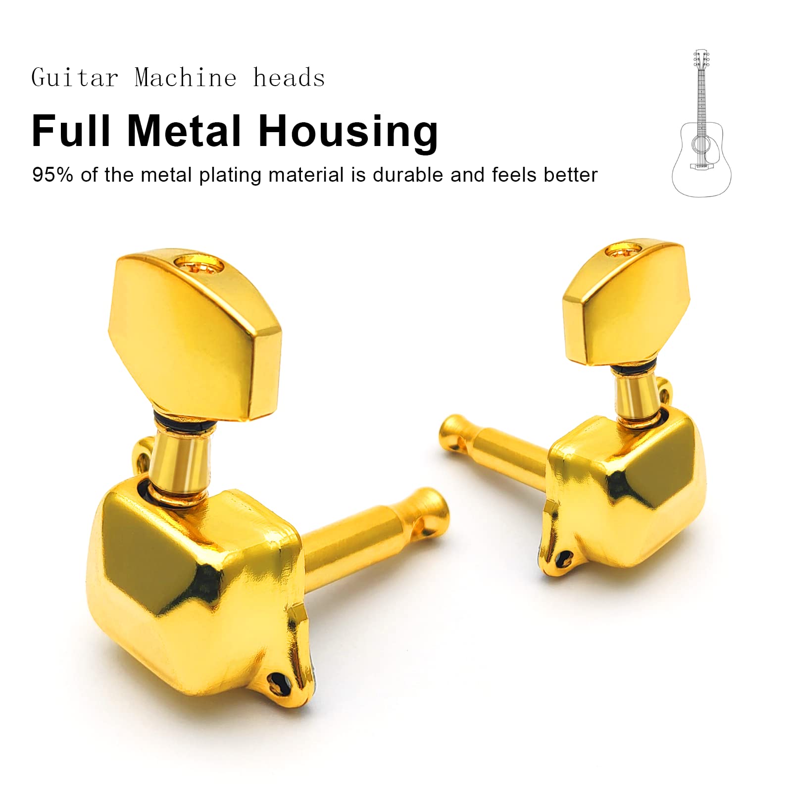 Saphue 3+3 Semi Closed Guitar Tuners String Tuning Pegs Keys Machine Heads Set For For Acoustic Or Electric Guitar (Gold)