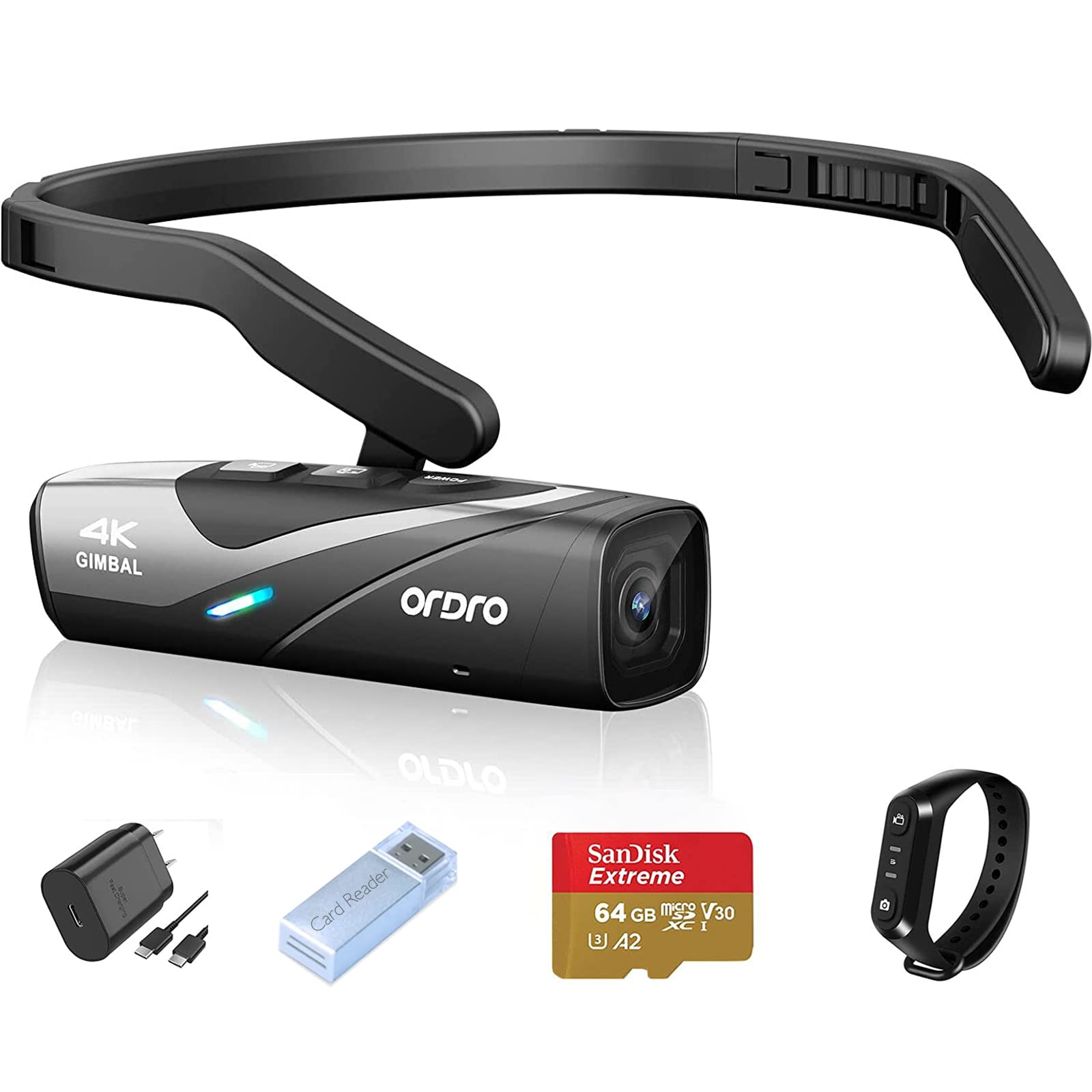 Ordro Ep8 4K Head Mounted Video Camera, Ultra Hd 4K 60Fps Camcorder Vlog Hands Free Wearable Camera, Has 2 Axis Gimbal Video Stabilizer, Wi Fi App, Auto Focus With Remote Control,64G Micro Card