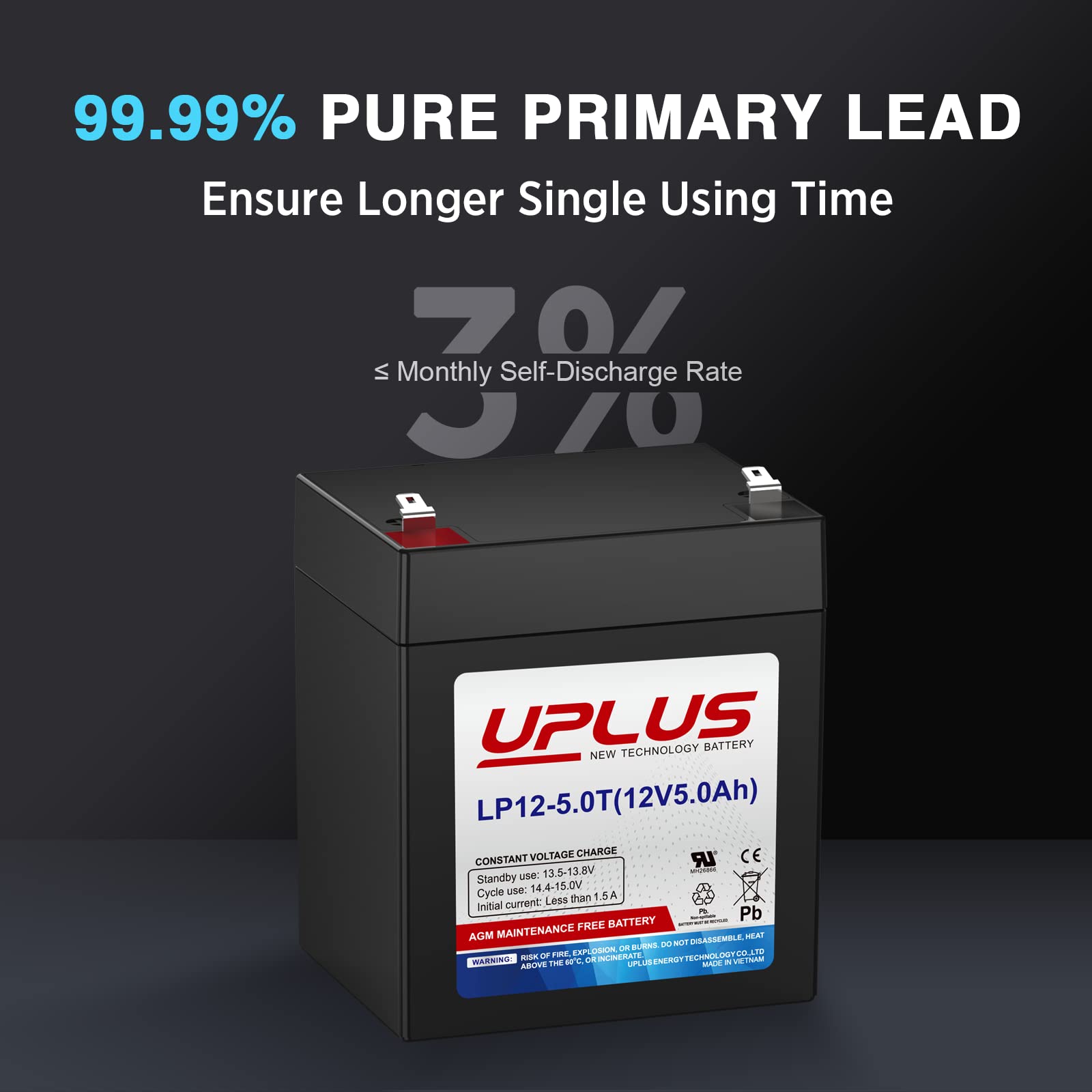 Uplus 12V 5Ah Rechargeable Sealed Lead Acid Battery - Djw12-5.0T Replaces Home Alarm Battery Compatible With F1 F2 Terminals For