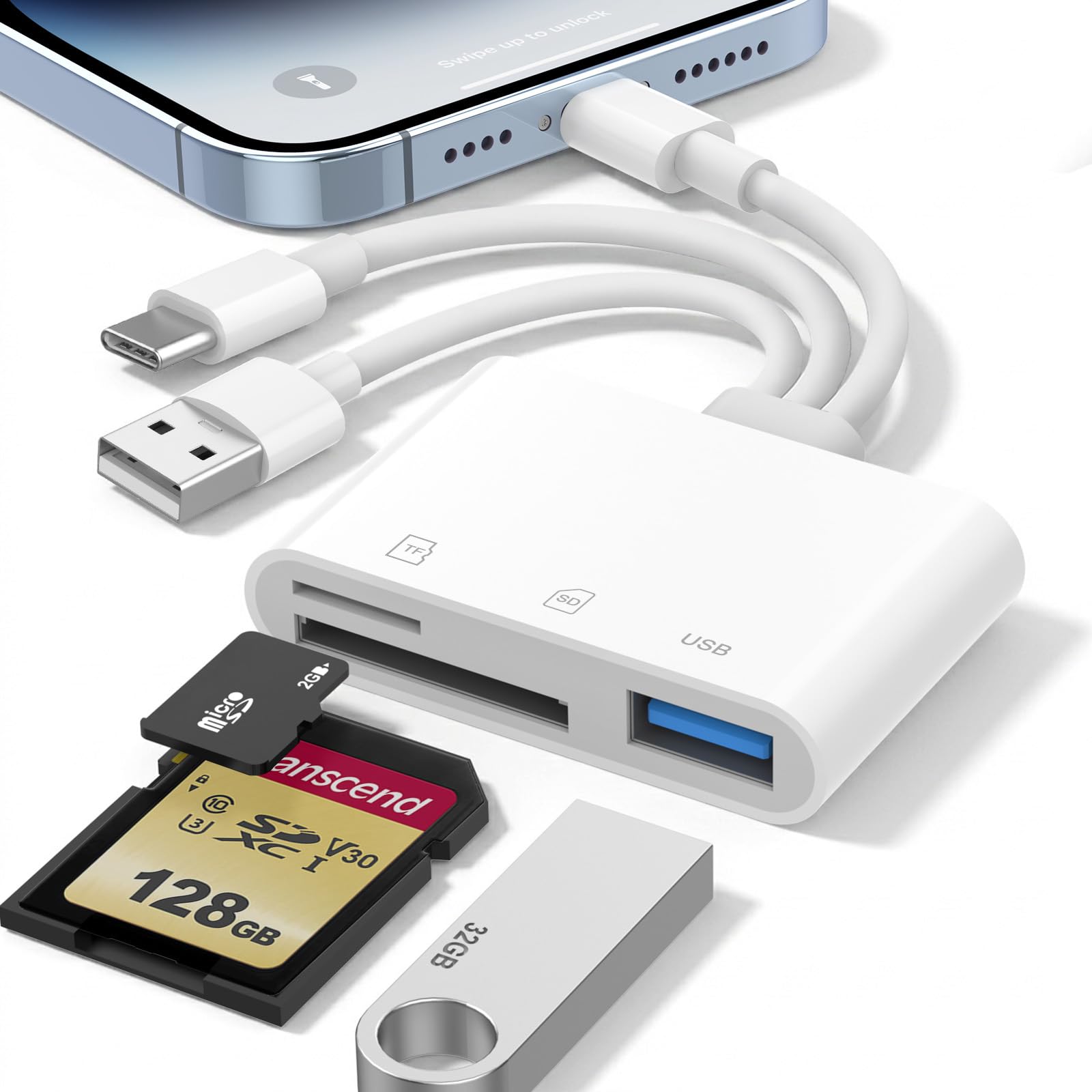 SD Card Reader for iPhone iPad Mac, USBC & Lightning & USBA 3in1 MicroSD/SD Adapter, HighSpeed Plug & Play USB C Memory Car