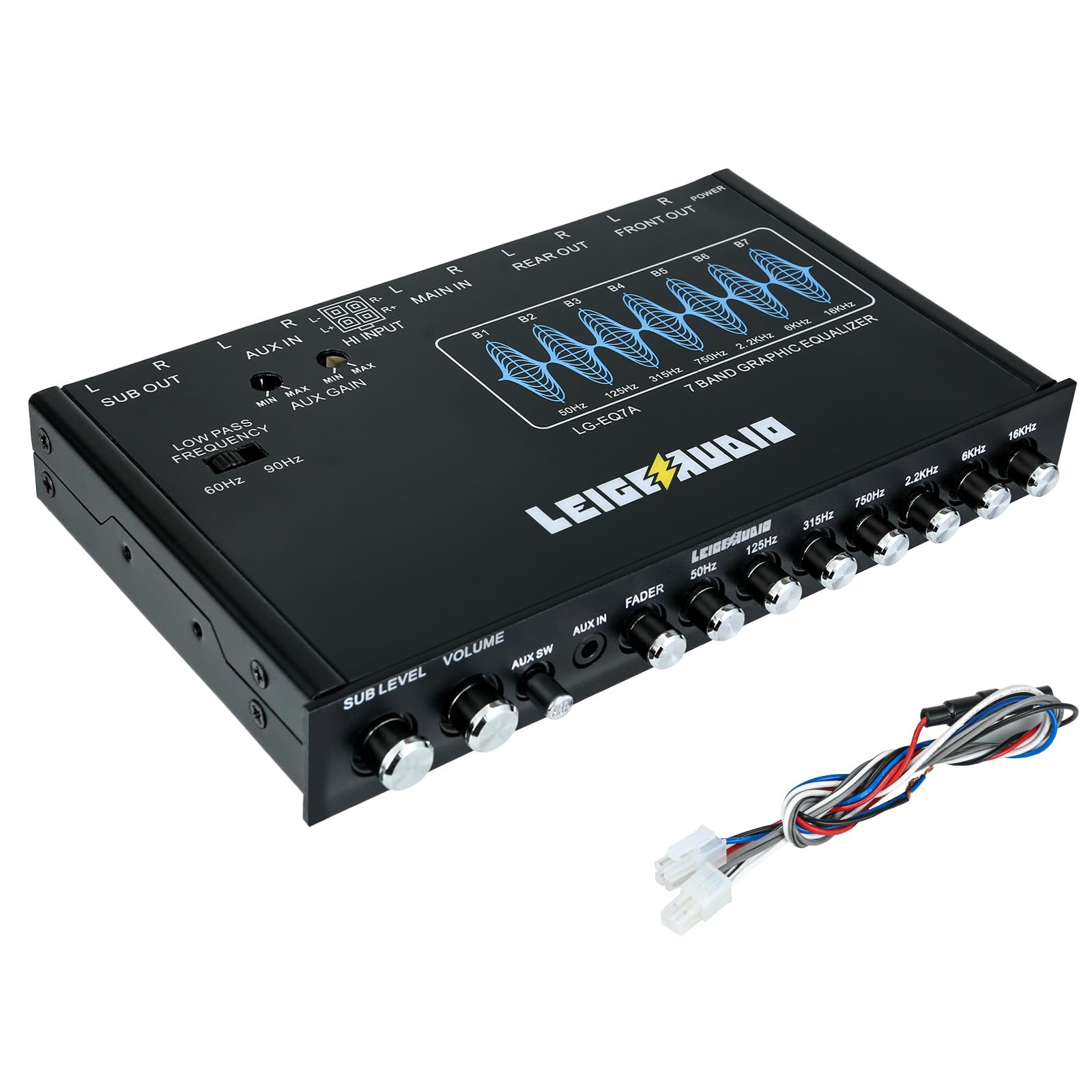 LEIGESAUDIO LG EQ7A 7 Band Car Audio Graphic Equalizer with Front 3.5mm Aux Input, High Voltage RCA Outputs and High Level Speaker Inputs