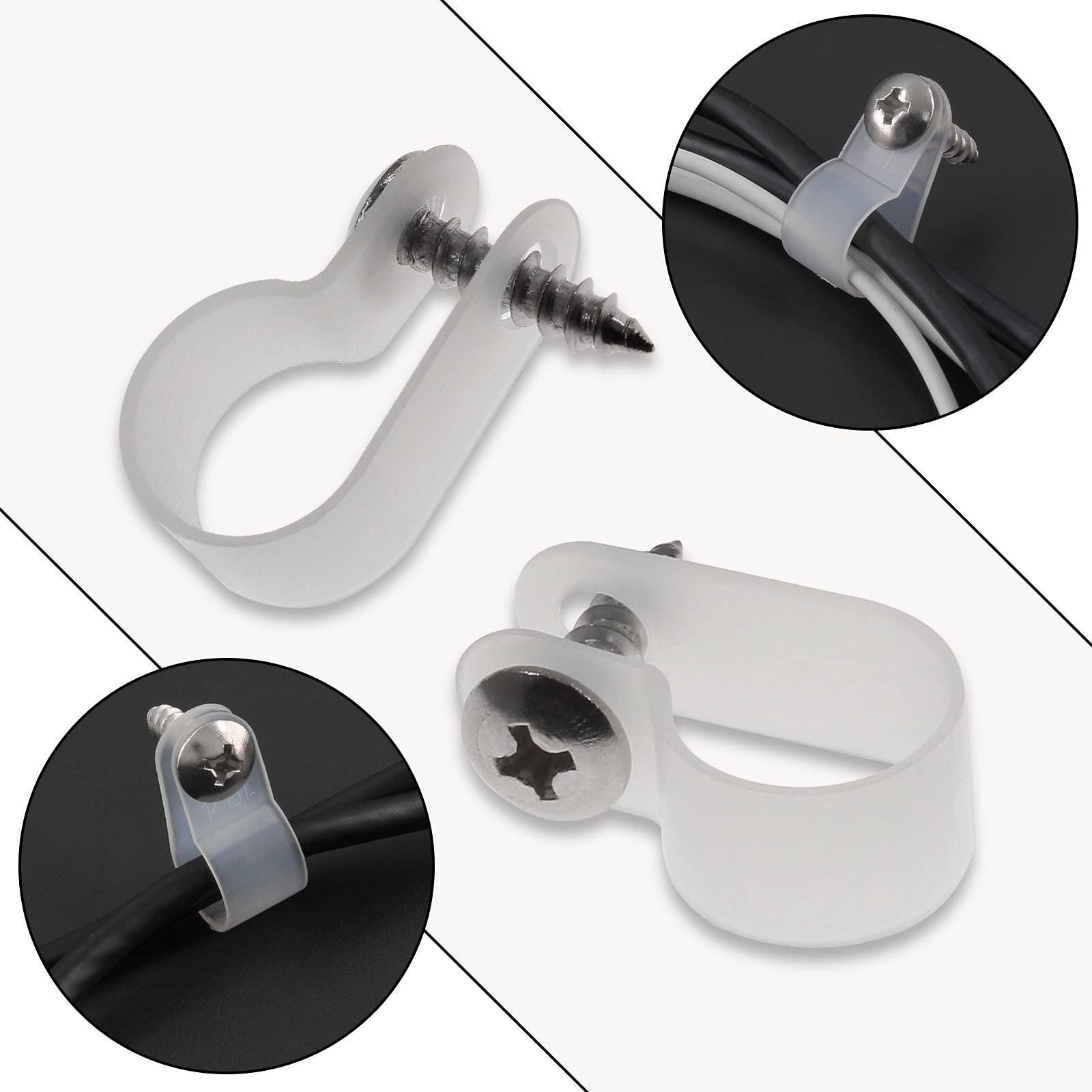 Bonsicoky 50Pcs 1/2 Inch Rope Light P Style Clips With Screws, Cable Clip Wire Clamp Cable Organizer Cord Holder For Wire Manage