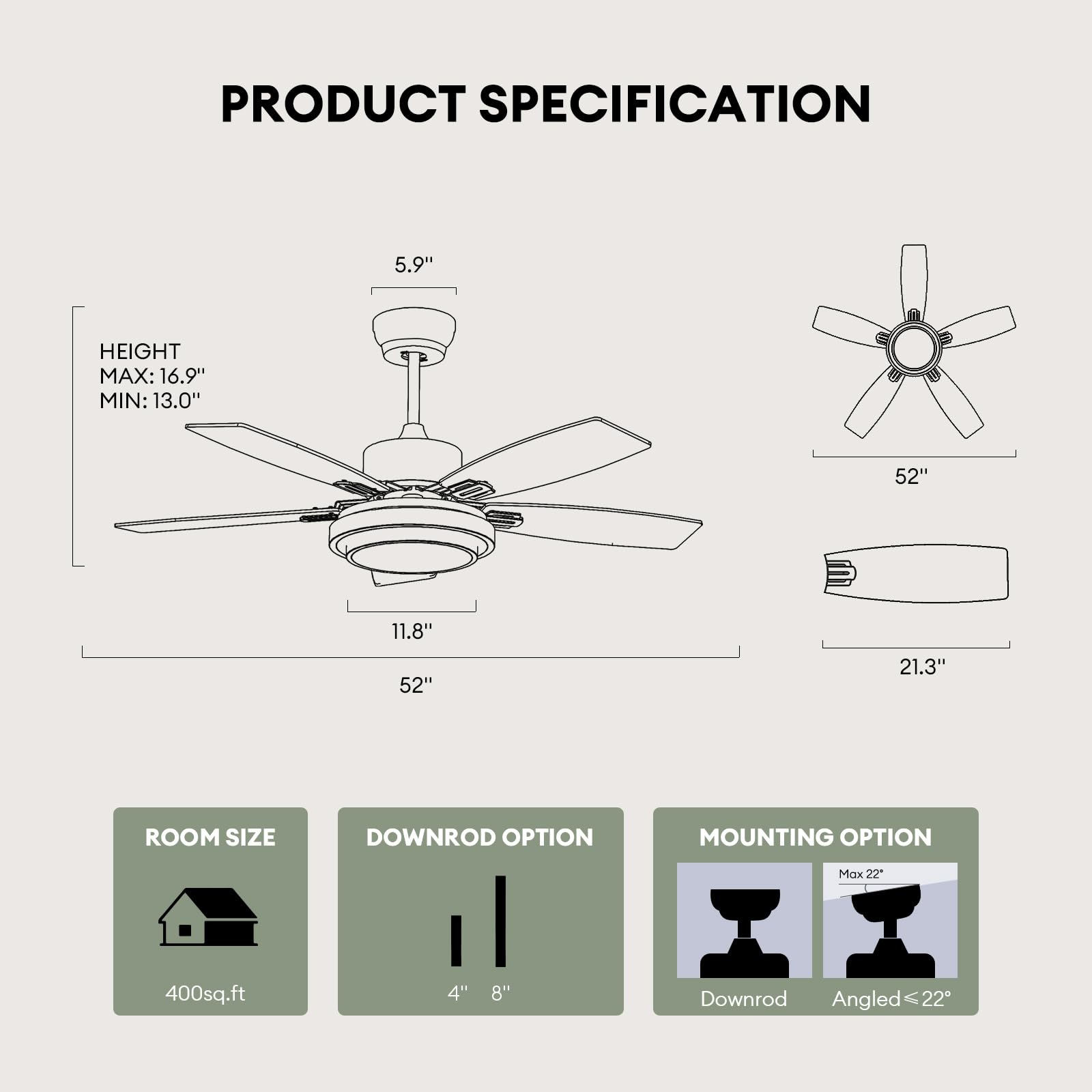 52 Inch Nickel Ceiling Fans With Lights And Remote Control For Bedroom, Modern Ceiling Fan With Quiet Reversible Dc Motor, 3Cct,