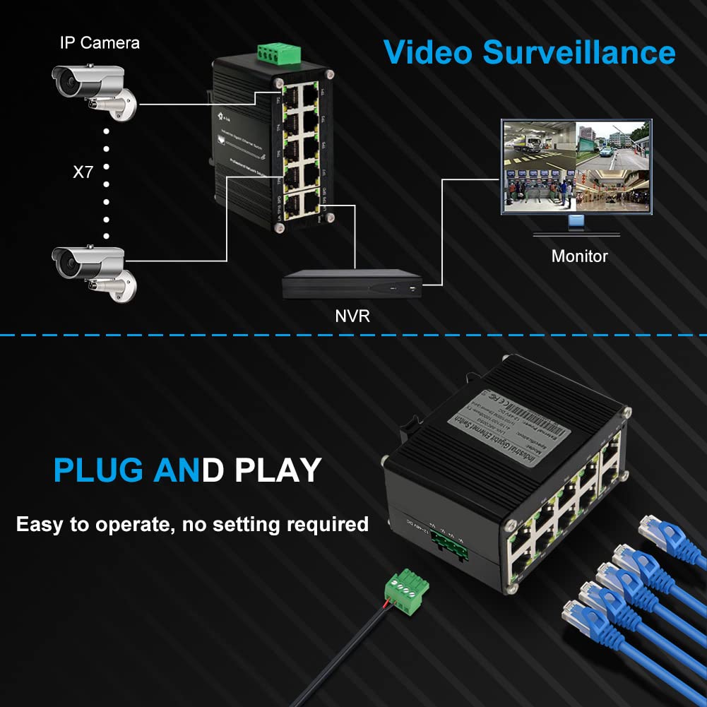 Throncom Industrial 10 Port Gigabit Ethernet Switch, Rj45 10/100/1000Mbps Mini Din Rail Mount Ethernet Switch, 12 48V Dc Hardene