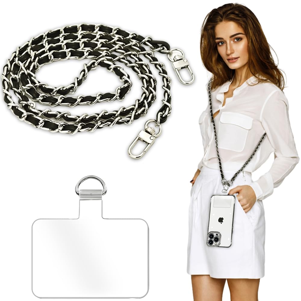 Turkalla Phone Crossbody Chain Cell Phone Lanyard,Leather+Metal Shouder Strap Universal Abjustable Phone Chain Strap with Cellph