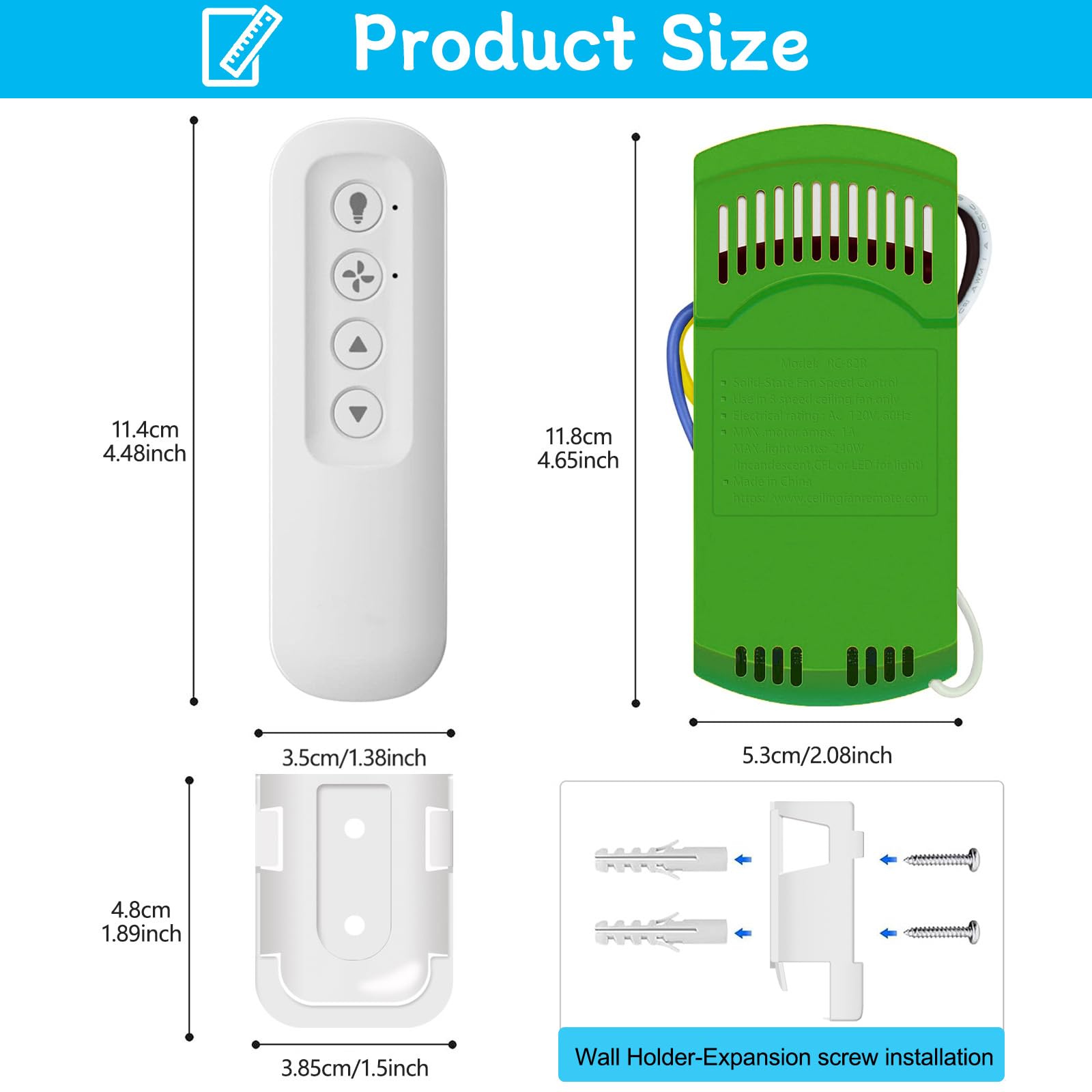 Ceiling Fan Remote Control Kit With Receiver, Replacement For Hunter 99770, 99772, 99392, 99813, Universal 3 Speeds Remote Contr