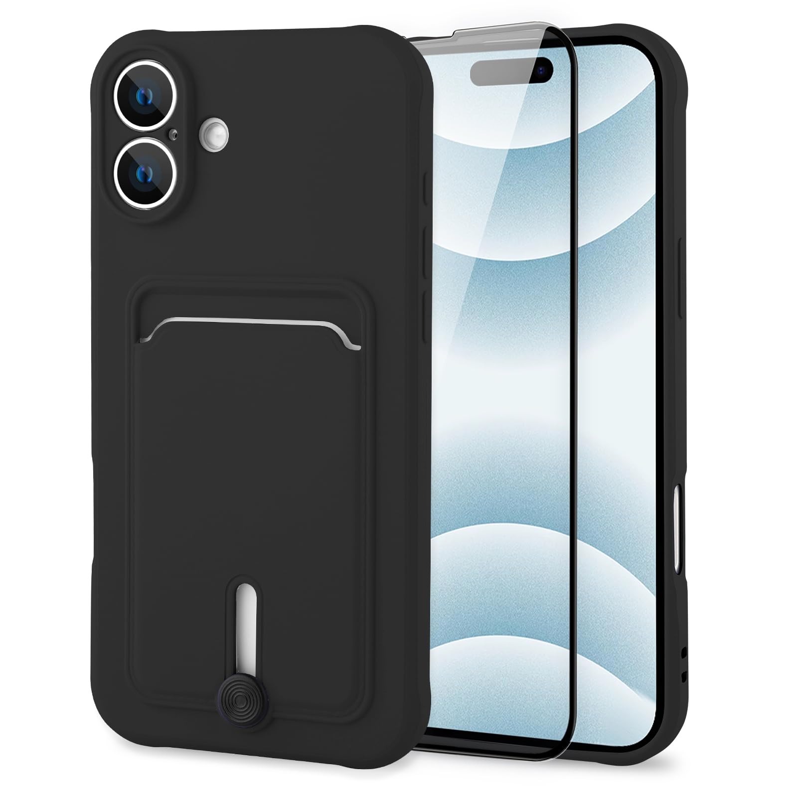 MZELQ TPU Wallet Compatible with iPhone 16 Case, Card Holder Camera Protection Cover + Screen Protector, Push-able Slot for Girl