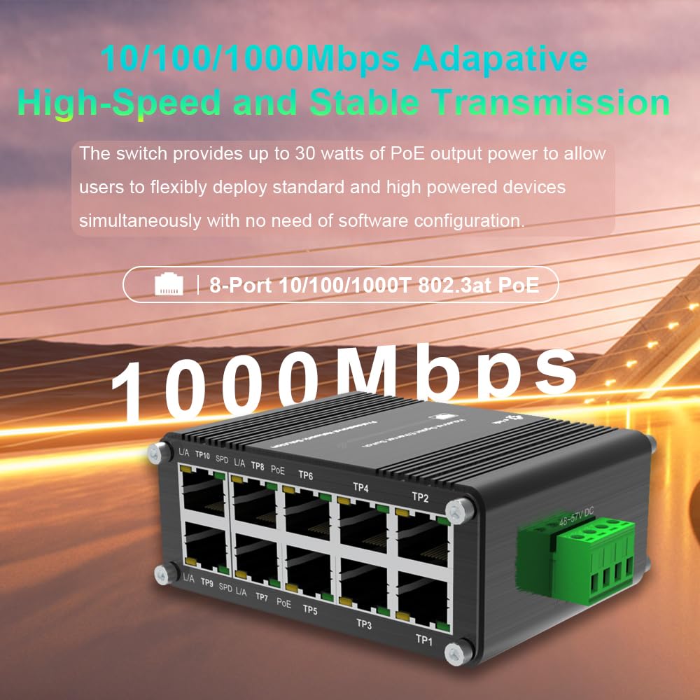 Mini Industrial 8 Port 10/100/1000T 802.3At Poe + 2 Port 10/100/1000T Din Rail Mount Compact Ethernet Switch, 48~57V Dc Unmanage