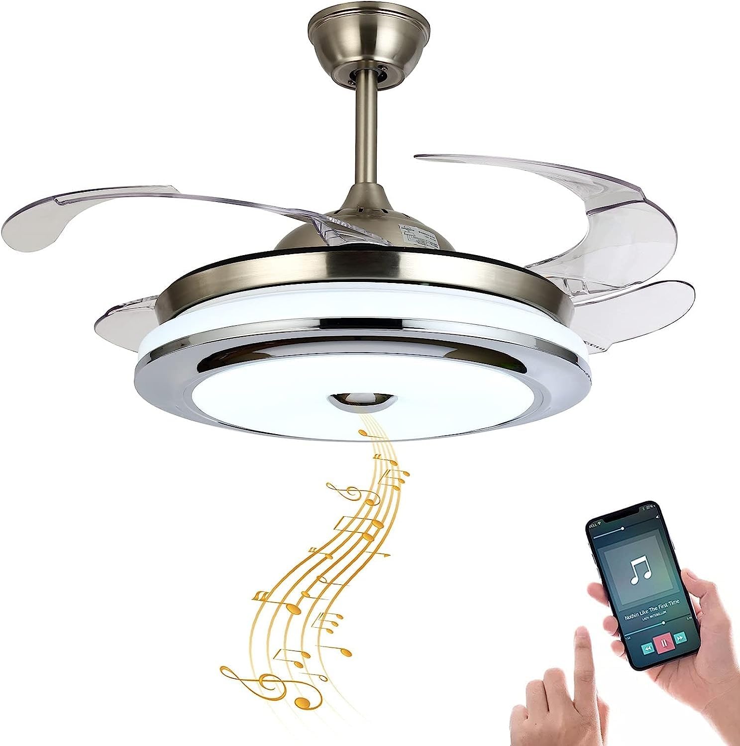 Bavnnro 42 Reversible Bluetooth Ceiling Fan with Light and Speaker, LED Dimmable Fandelier Ceiling Fan Light with Remote Contr