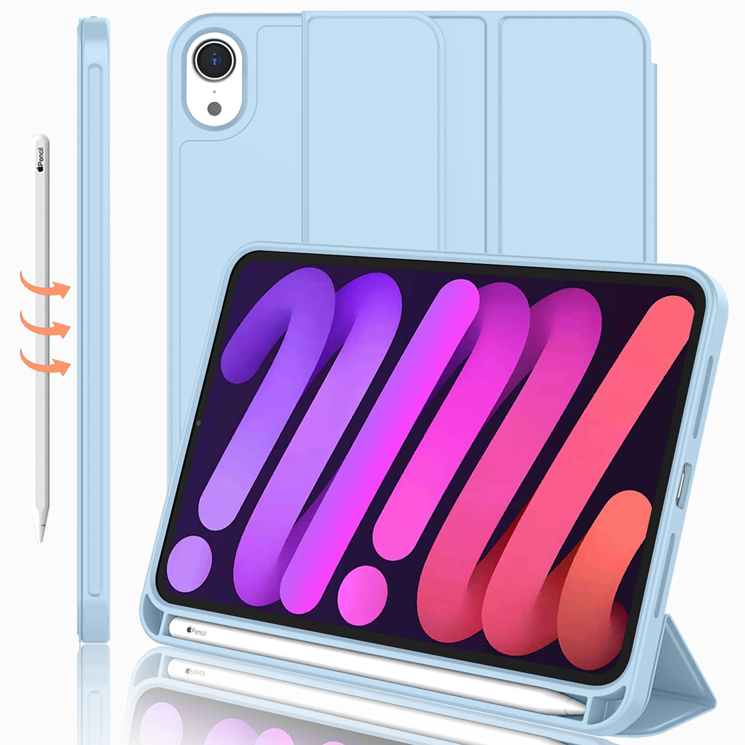 Imieet Ipad Mini 7 Case 2024 (A17 Pro), Ipad Mini 6 Case (8.3 Inch,2021 Model), Ipad Mini 7Th/6Th Generation Case With Pencil Holder, Trifold Stand Smart Case With Soft Tpu Back,Sky Blue
