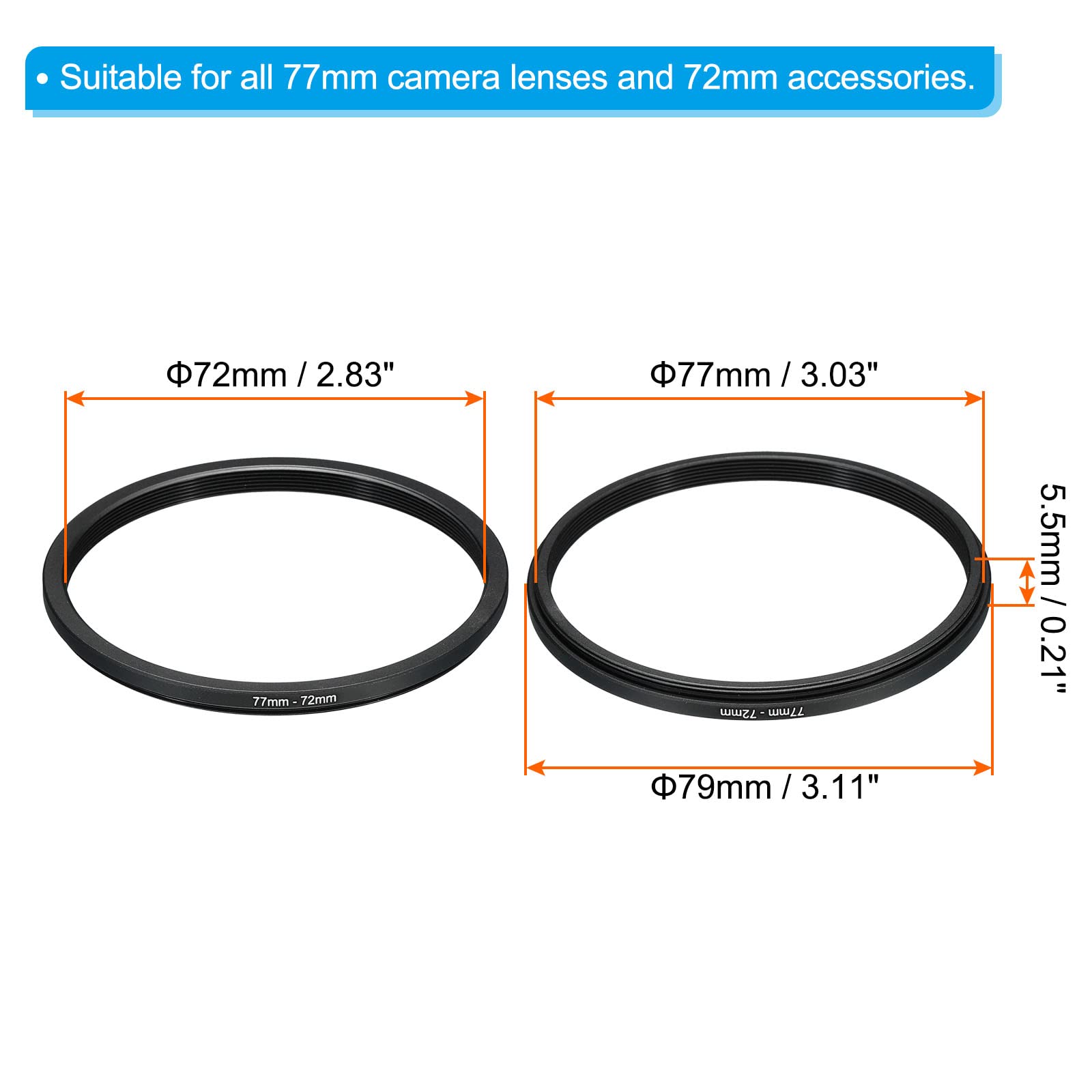 Patikil 77Mm 72Mm Metal Step Down Ring, Camera Lens Filter Adapter Ring Aluminum Filter Adapter Ring For Camera Lenses Hood, Bla