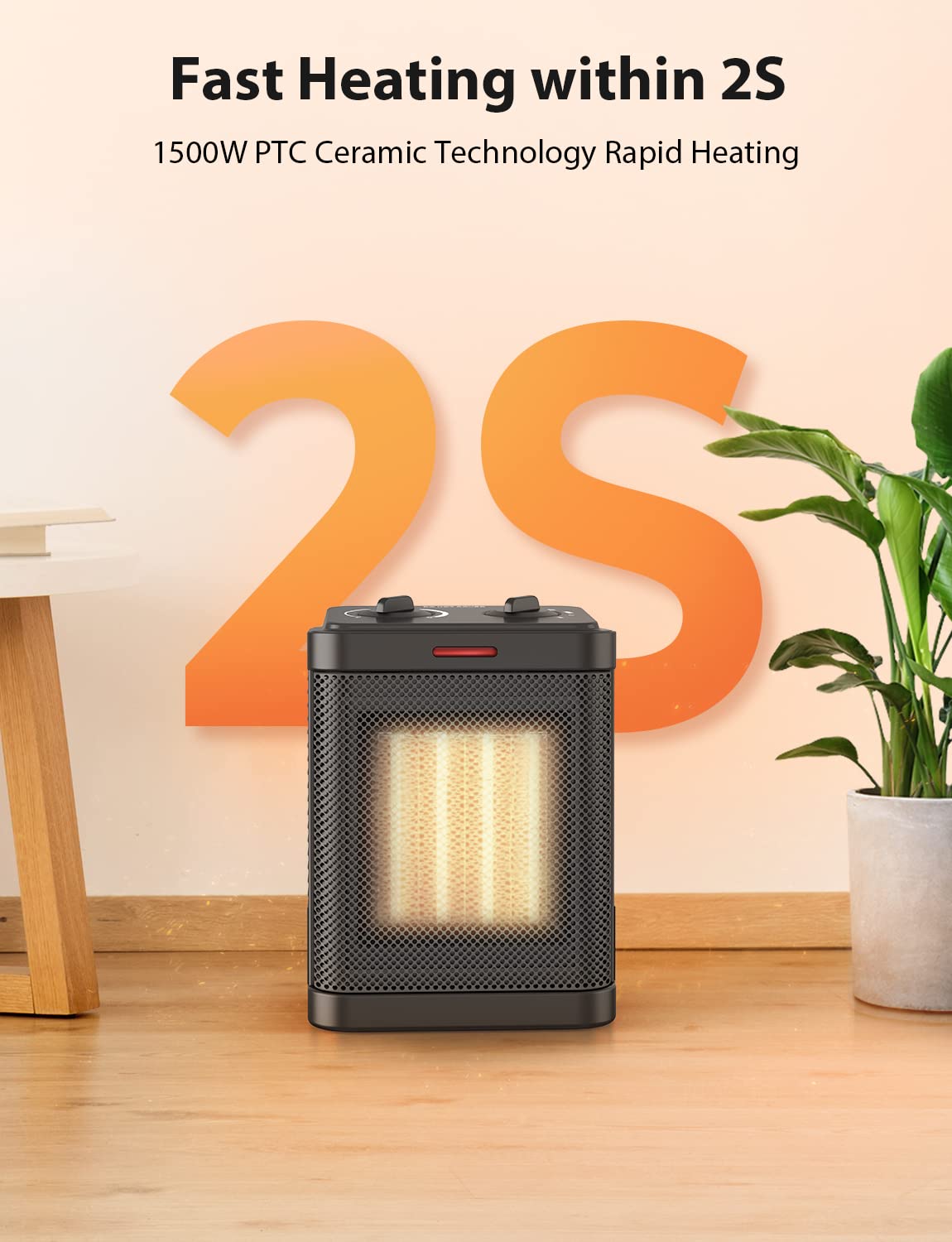 1500W Space Heater, Small Space Heater For Indoor Use, Ptc Ceramic Space Heater With Thermostat, 3 Modes, Safety Quiet Heating,
