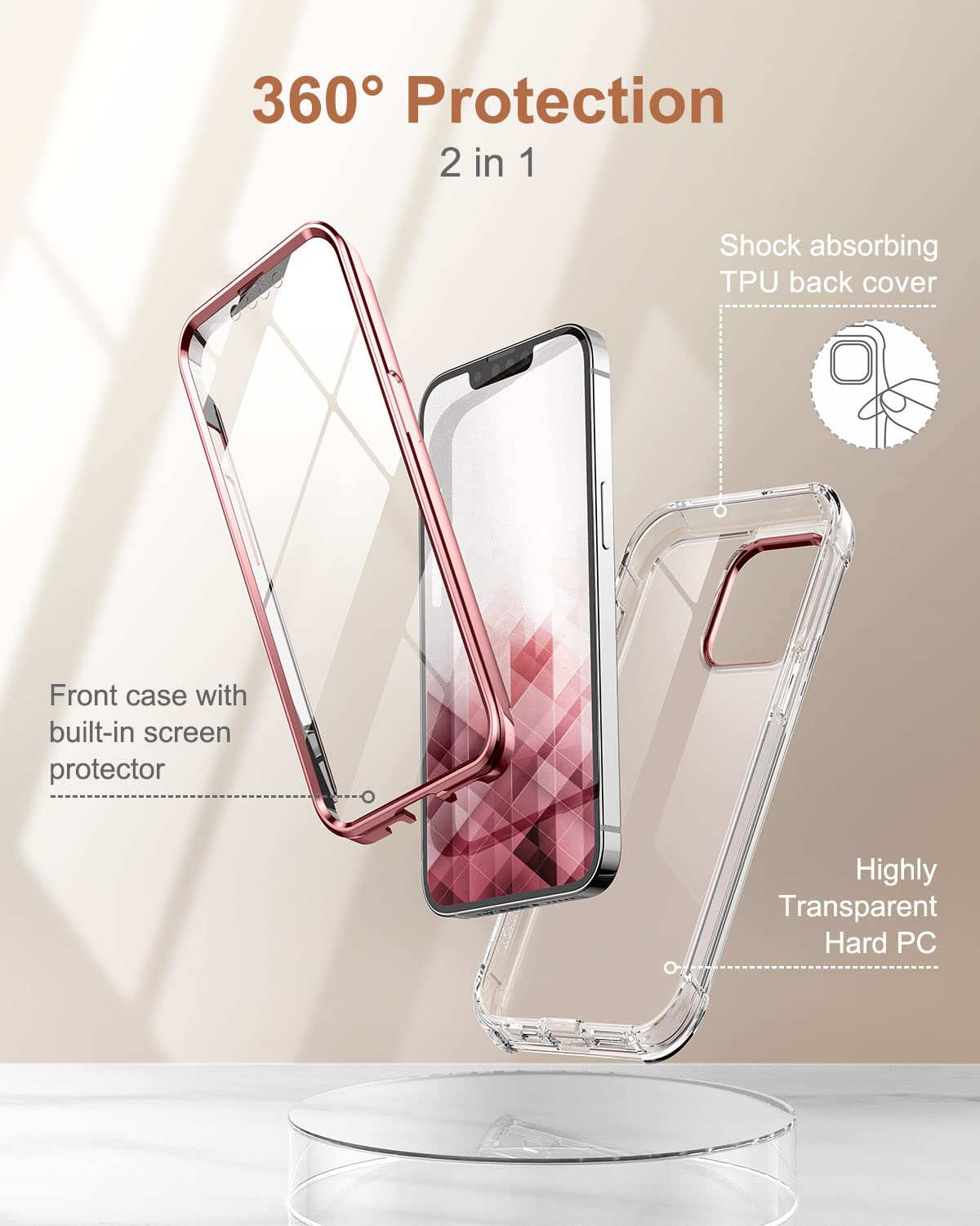 Suritch Compatible With Iphone 13 Pro Clear Case,[Built In Screen Protector] Full Body Protection Hard Shell+Soft Tpu Bumper Sho