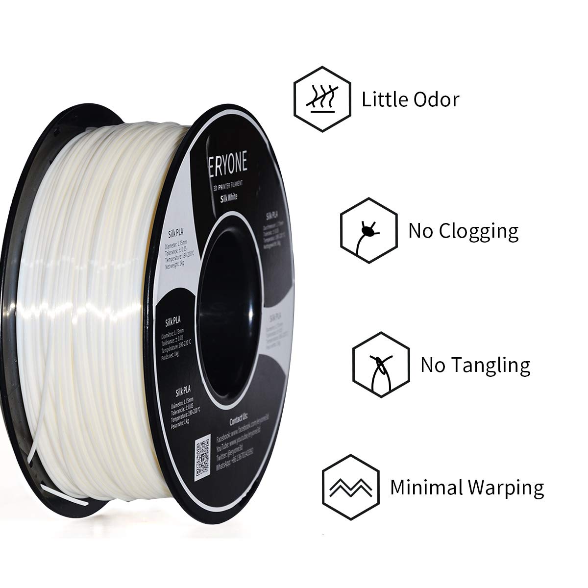 Eryone Silk Pla Filament For 3D Printer, 1.75Mm +/  0.03Mm, 1Kg (2.2Lbs)/Spool, Silk White