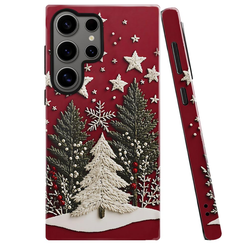 TnXee Case for Samsung Galaxy S24 Ultra,Winter Red Christmas Tree Star Phone Case Drop Resistant Glossy 2 in 1 Solid Dual-Layer 