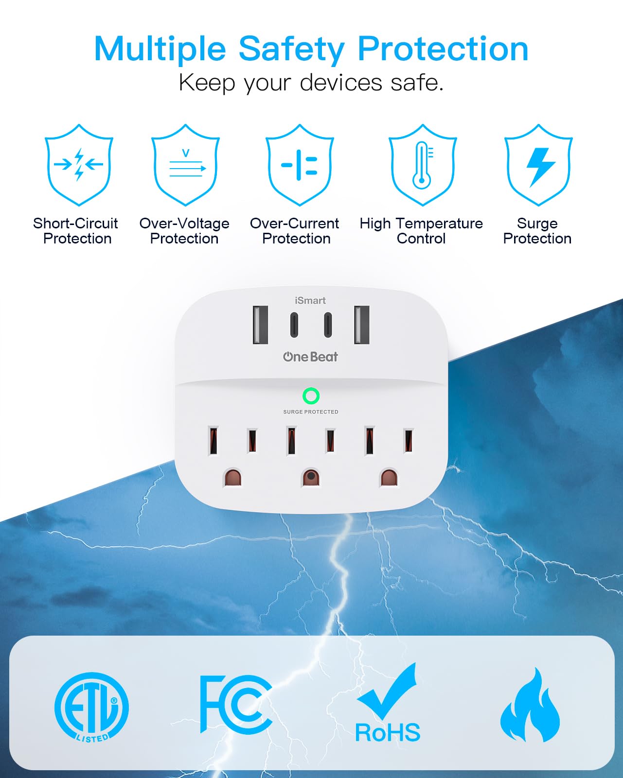1 Pack Multi Plug Outlet Splitter With Usb, Surge Protector Outlet Extender With 3 Wall Outlets 4 Usb Wall Charger(2 Usb C), 490