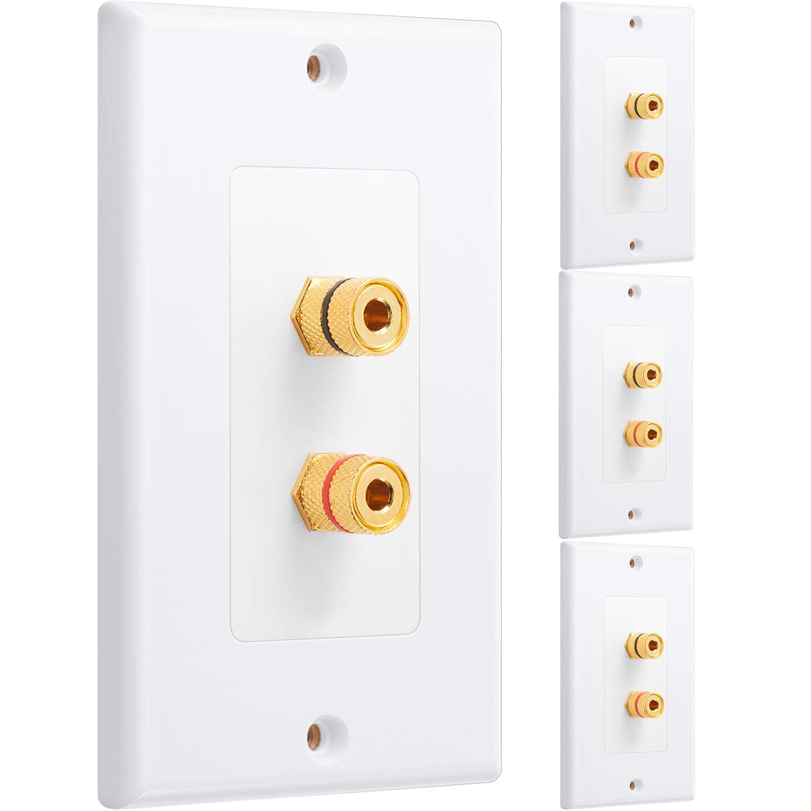 4 Pack Single Gang 1.0 Speaker Wire Wall Plate (Banana Plug Wall Plate) For 1 Speaker, White