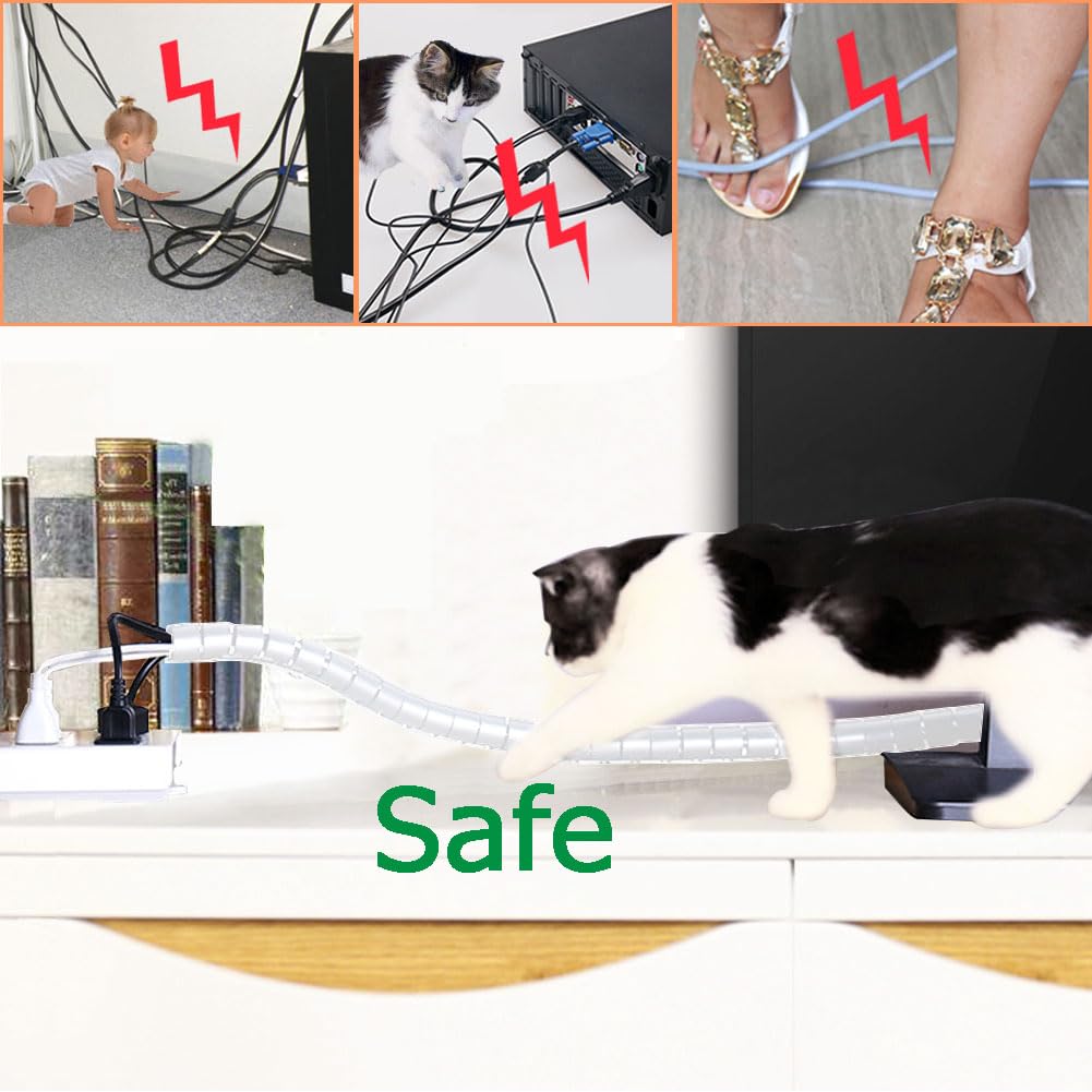 Fanoshon Large Cable Management Sleeve Organizer Coiled Wire Bundler Pet Proof PE White 1.1 Inch 5 ft 2 PCS
