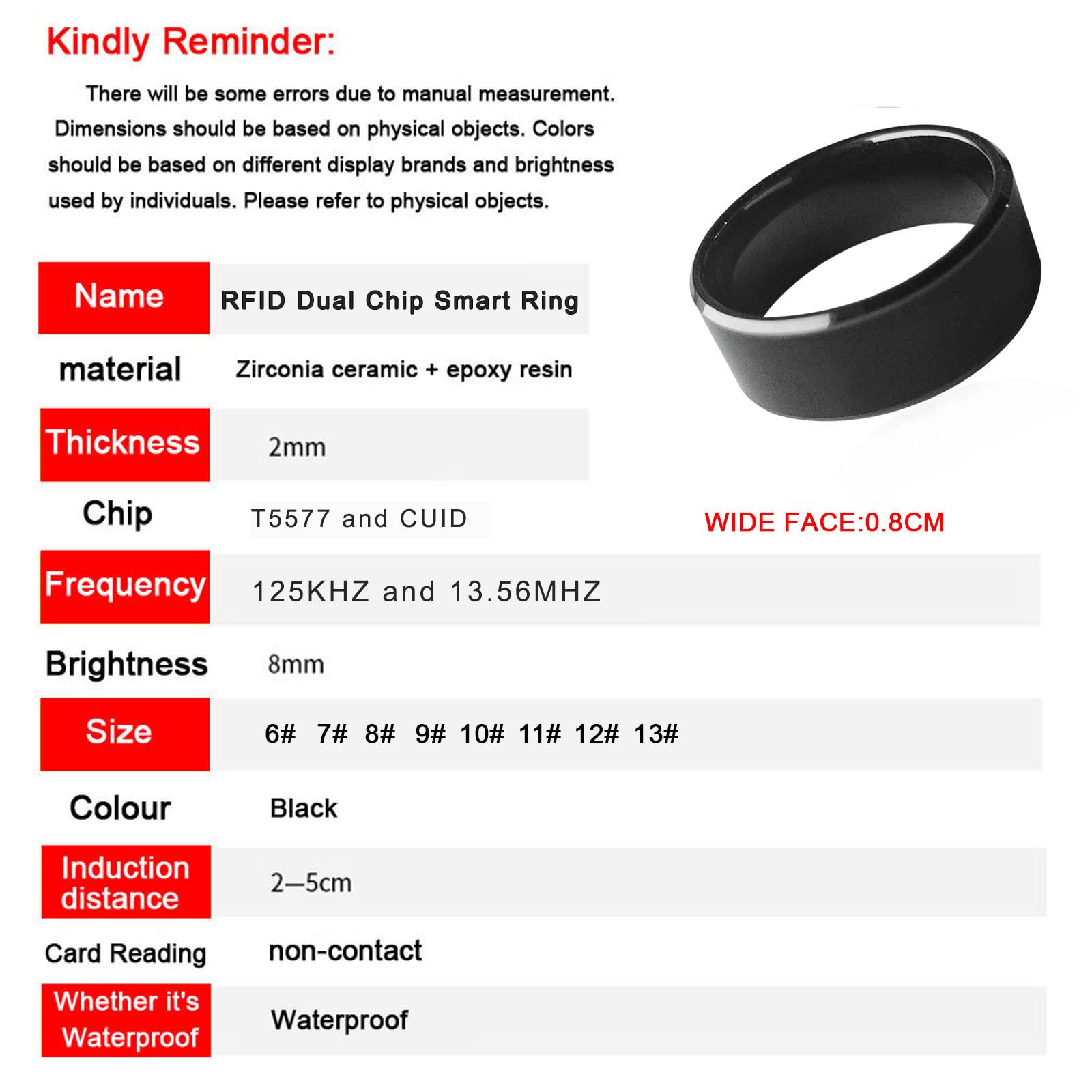 Riversmerge Rfid Rewritable Dual Frequency In One Id T5577&Ic Cuid Black Ceramics Smart Finger Ring Wear For Men Or Women (Black