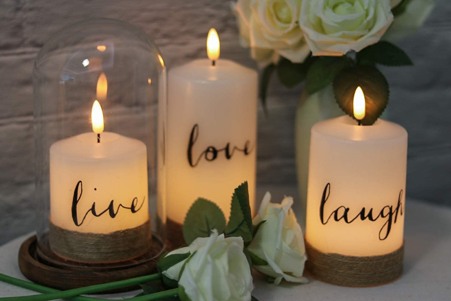 Genswin Flameless Led Candles With Hemp Rope & Remote Timer, Real Wax Battery Operated Pillar Candles Live Laugh Love, Realistic